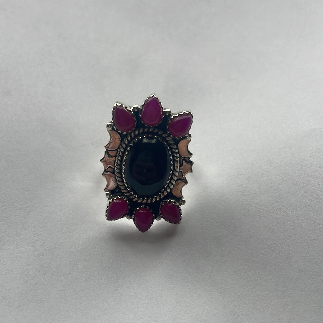 Handmade Pink & Black Onyx Sterling Silver Adjustable Ring Signed Nizhoni