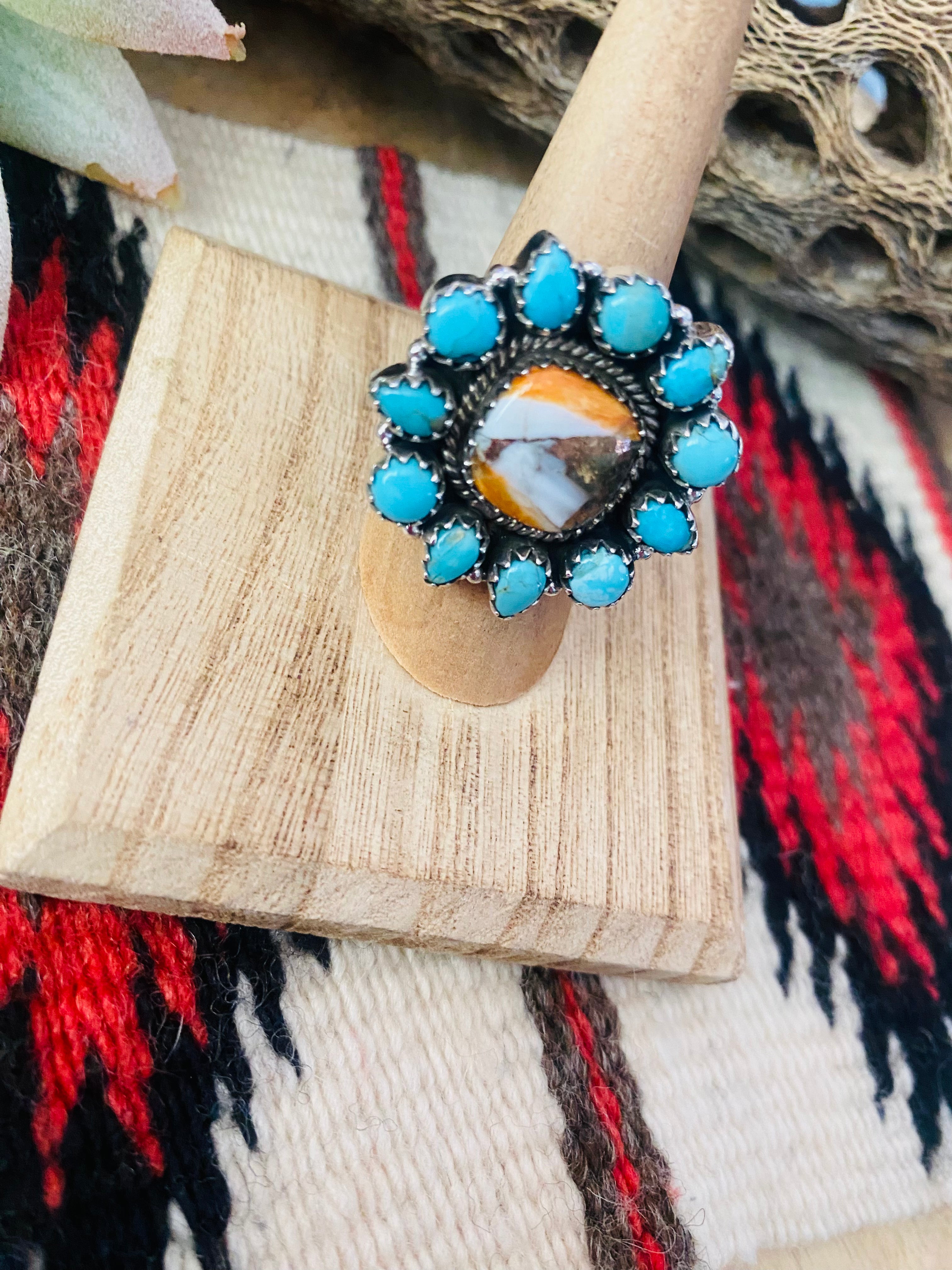 Handmade Sterling Silver, Spice & Turquoise Cluster Adjustable Ring