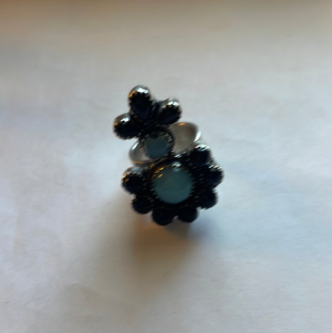 Handmade Sterling Silver, Onyx & Aqua Calcedony Adjustable Ring Signed Nizhoni