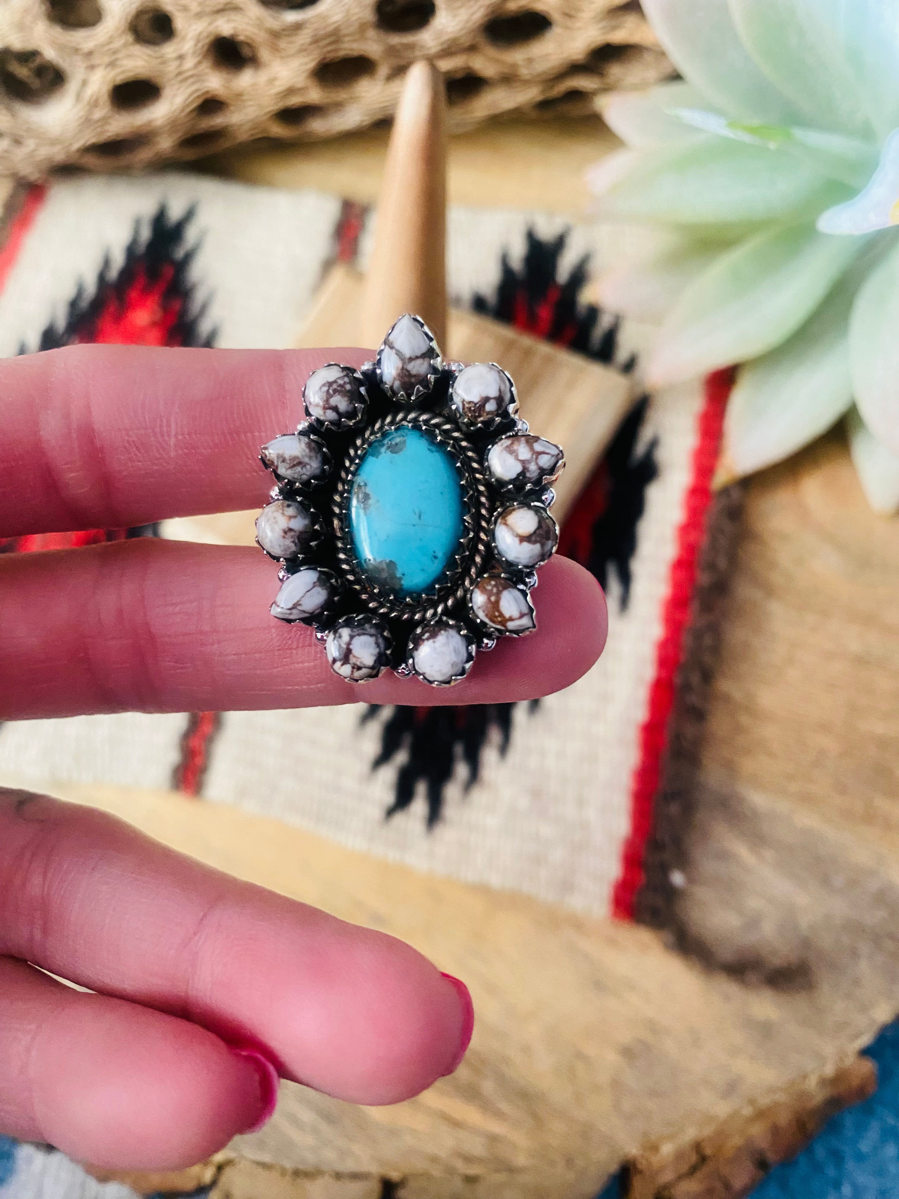 Handmade Sterling Silver, Wild Horse & Turquoise Cluster Adjustable Ring