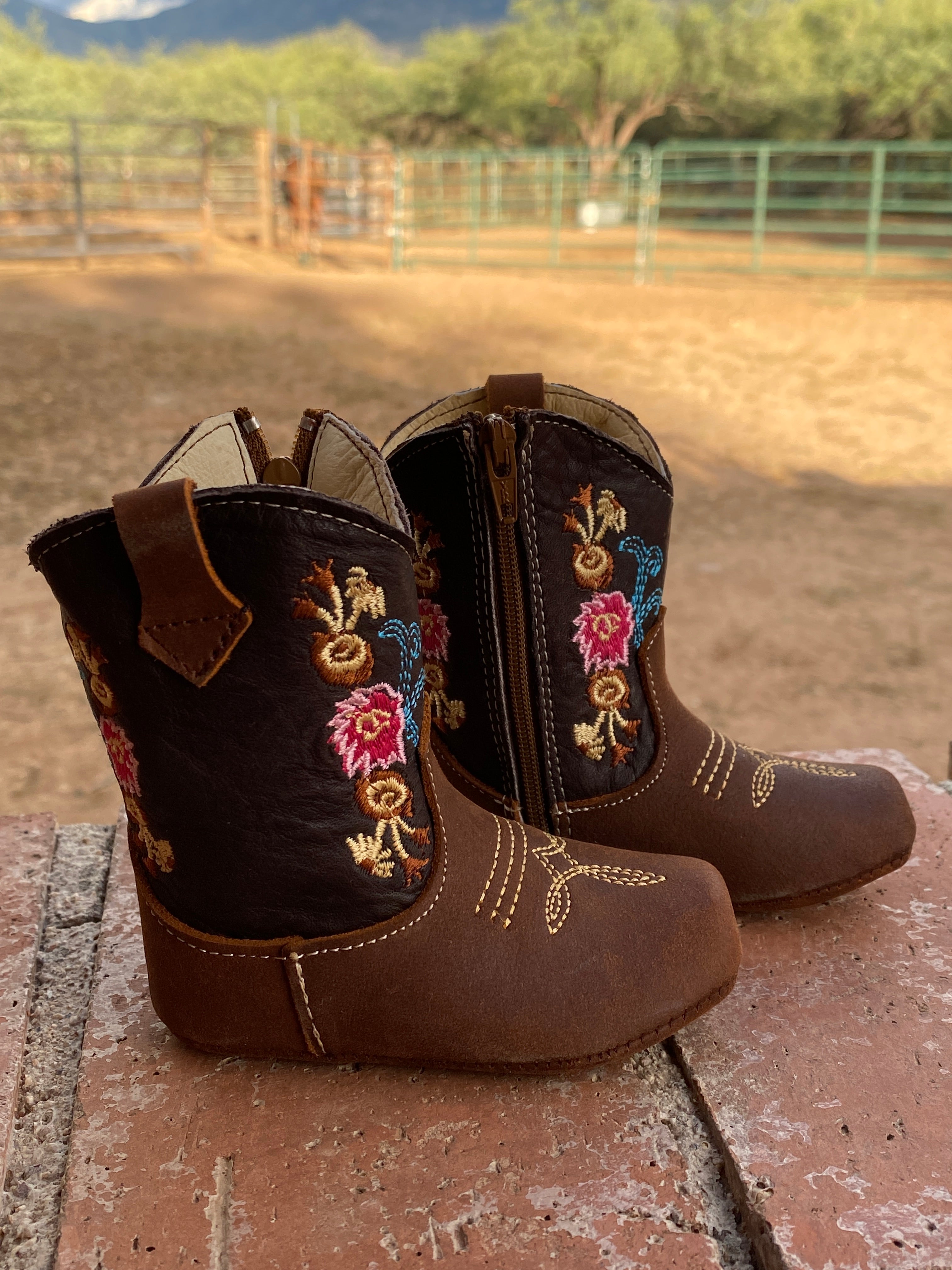 Western Leather infant Baby Boots Dark Brown & Flowered