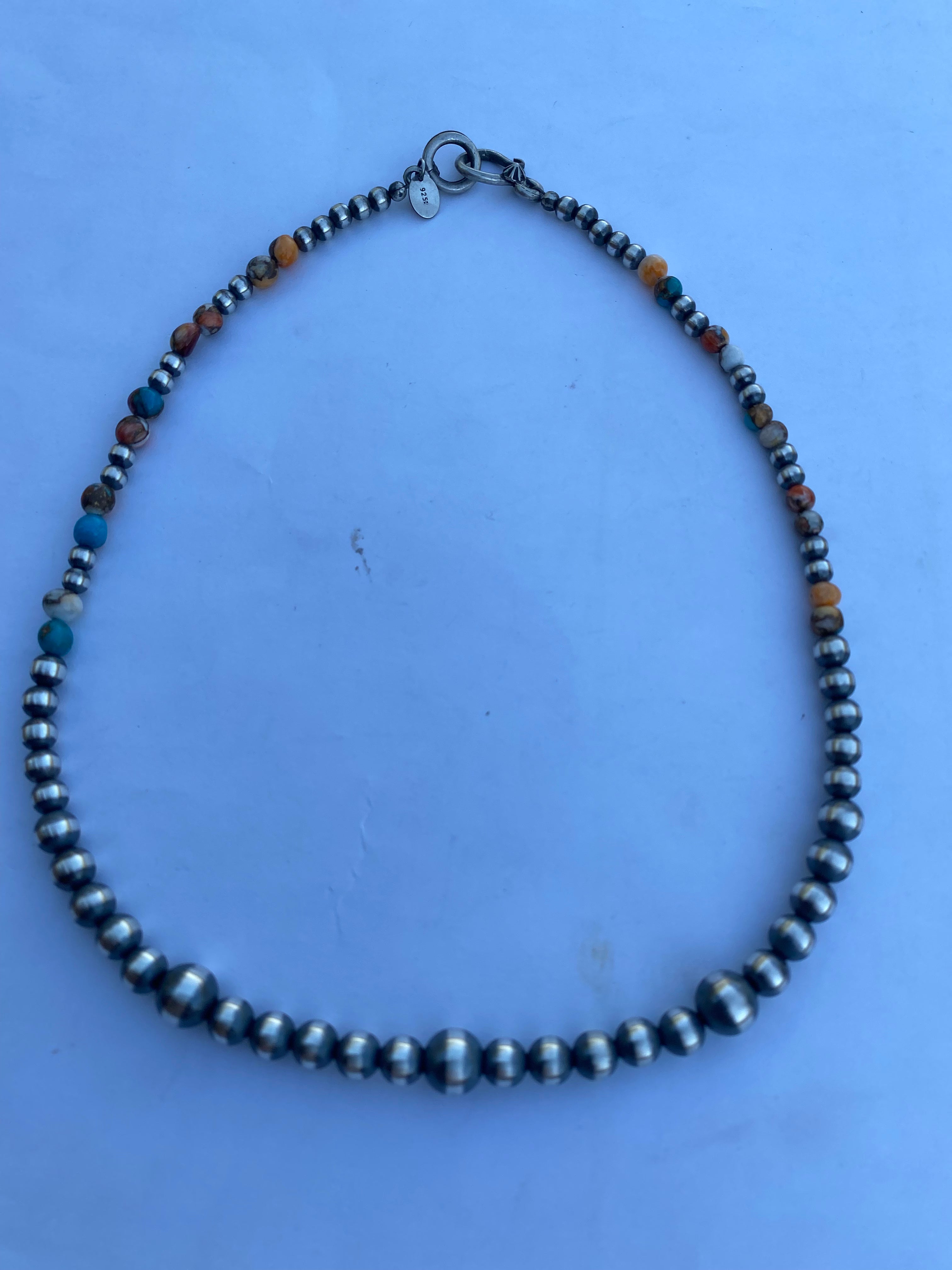 Navajo Turquoise & Spiny Spice Sterling Silver Beaded Necklace 16 inch