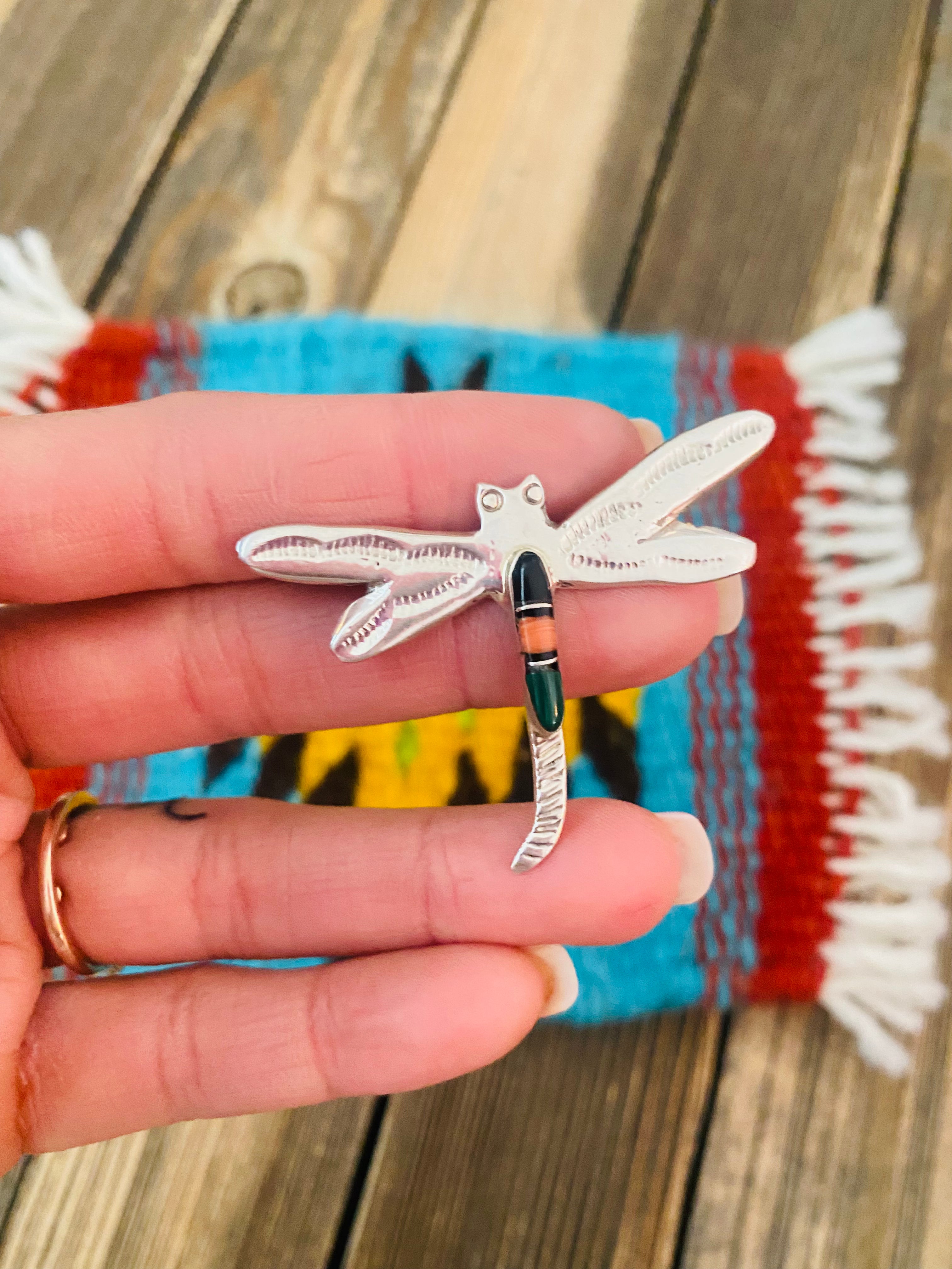 Navajo Sterling Silver and Multi Stone Inlay Dragonfly Brooch