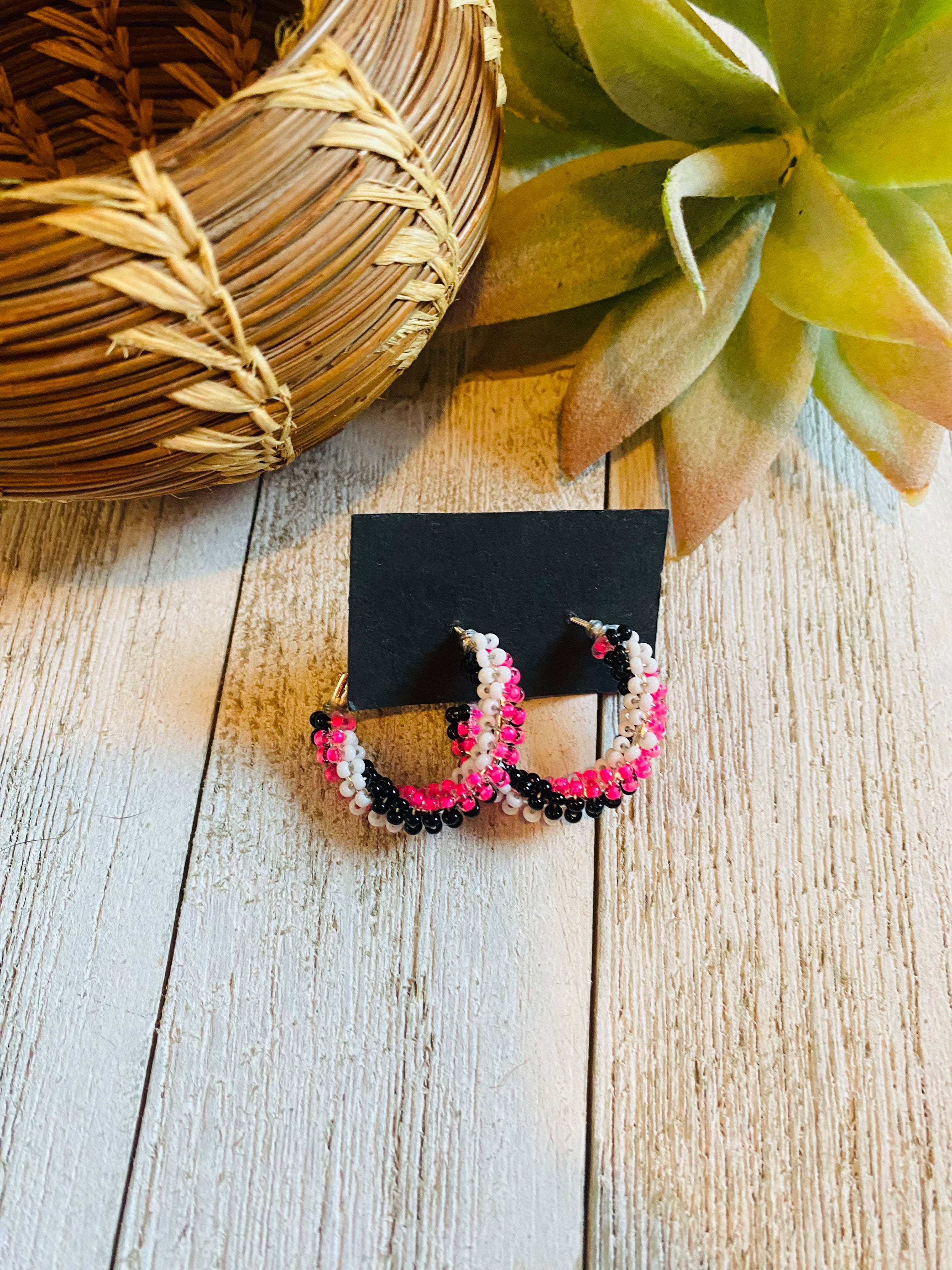 Navajo Handmade Beaded Hoop Earrings- pink