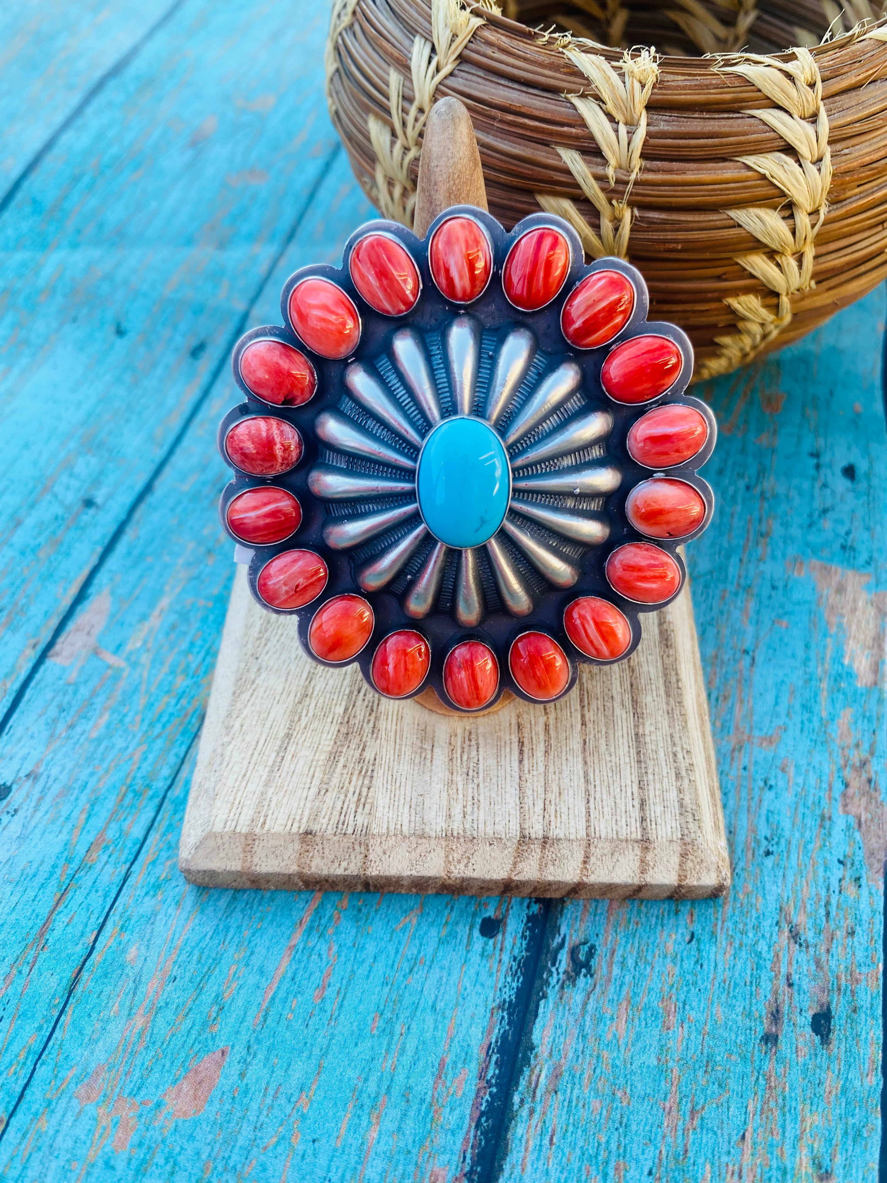 Navajo Red Spiny, Turquoise & Sterling Silver Adjustable Ring