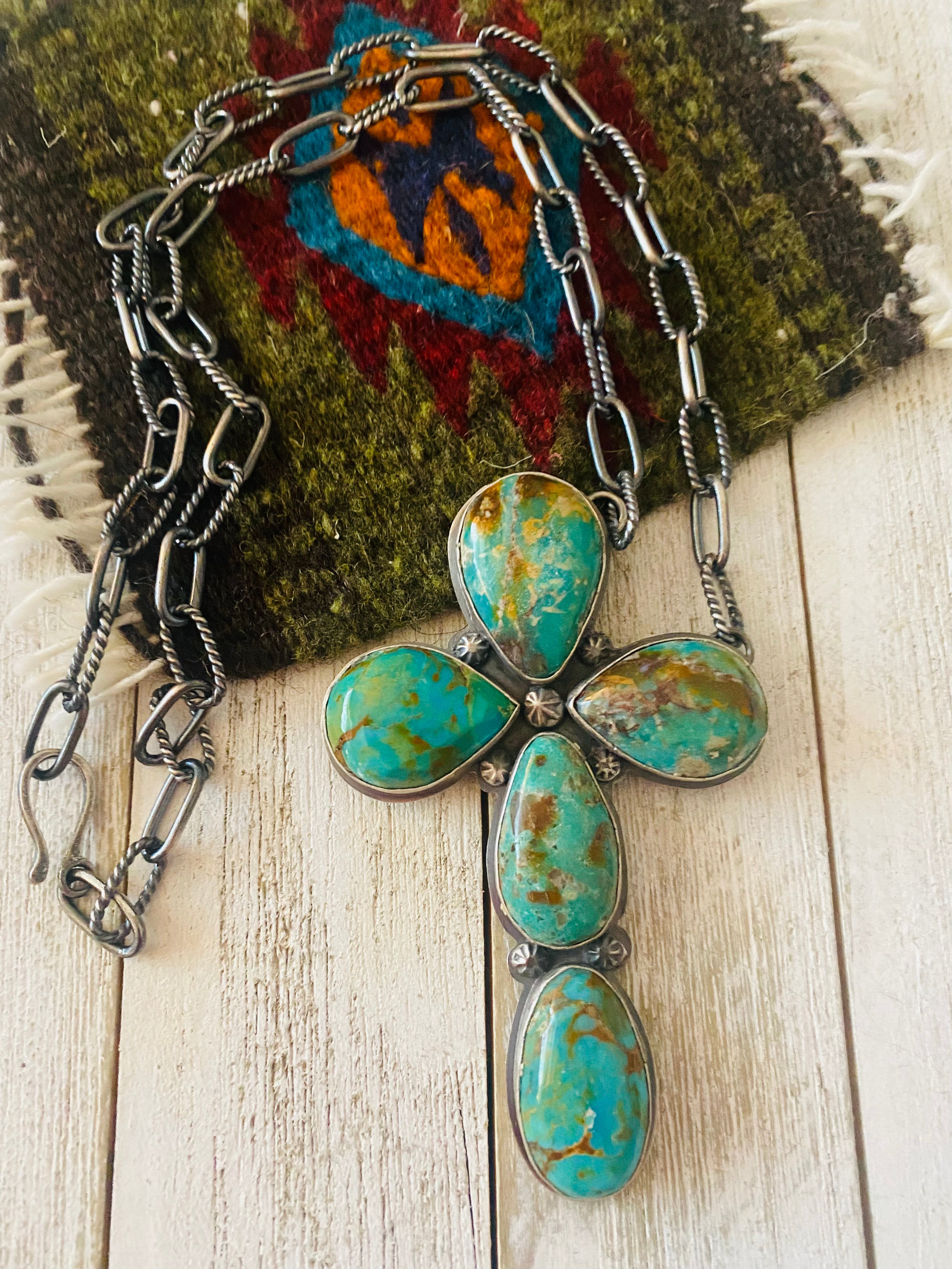 Navajo Royston Turquoise & Sterling Silver Cross Necklace