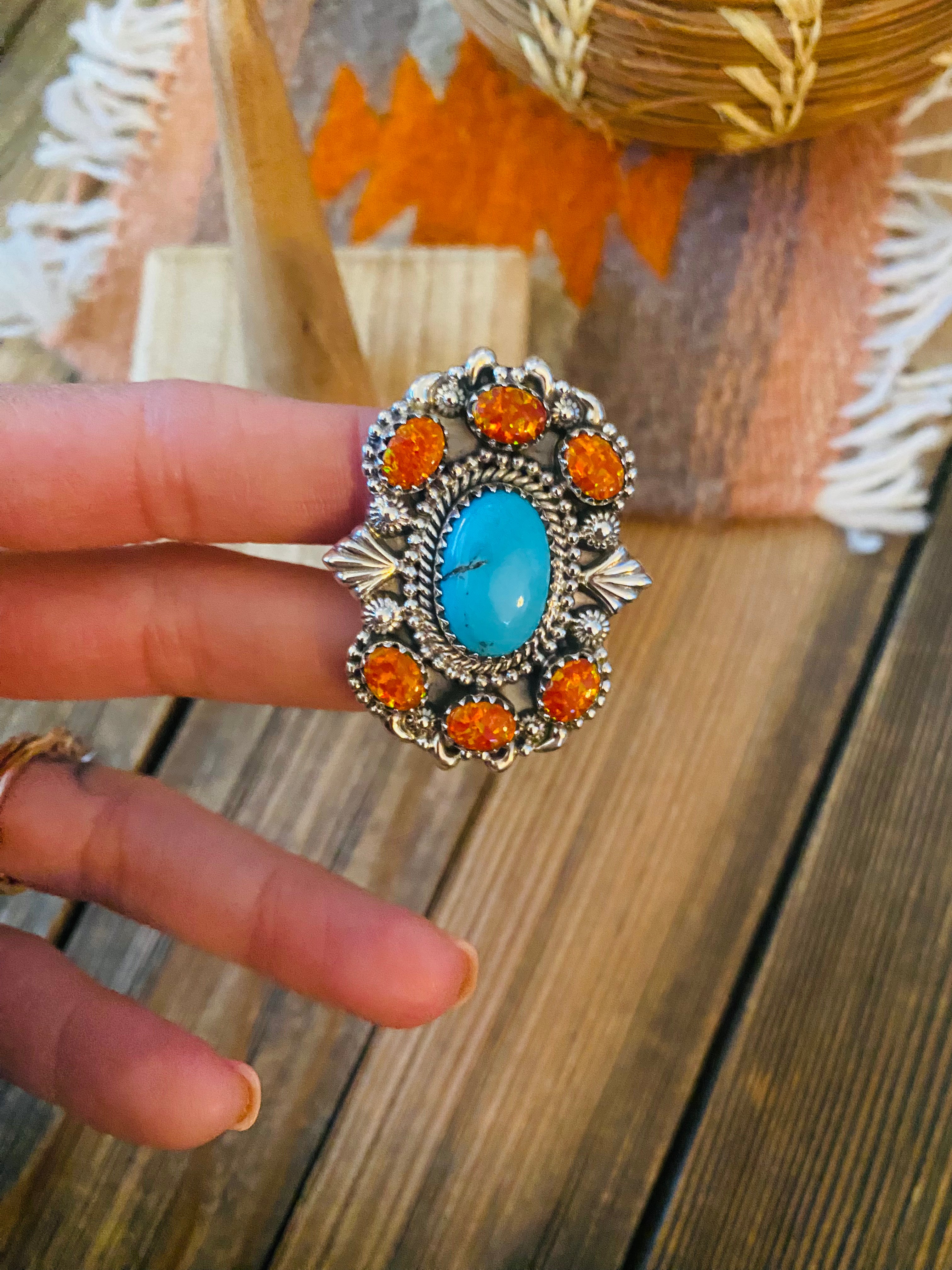 Handmade Sterling Silver, Turquoise & Opal Cluster Adjustable Ring