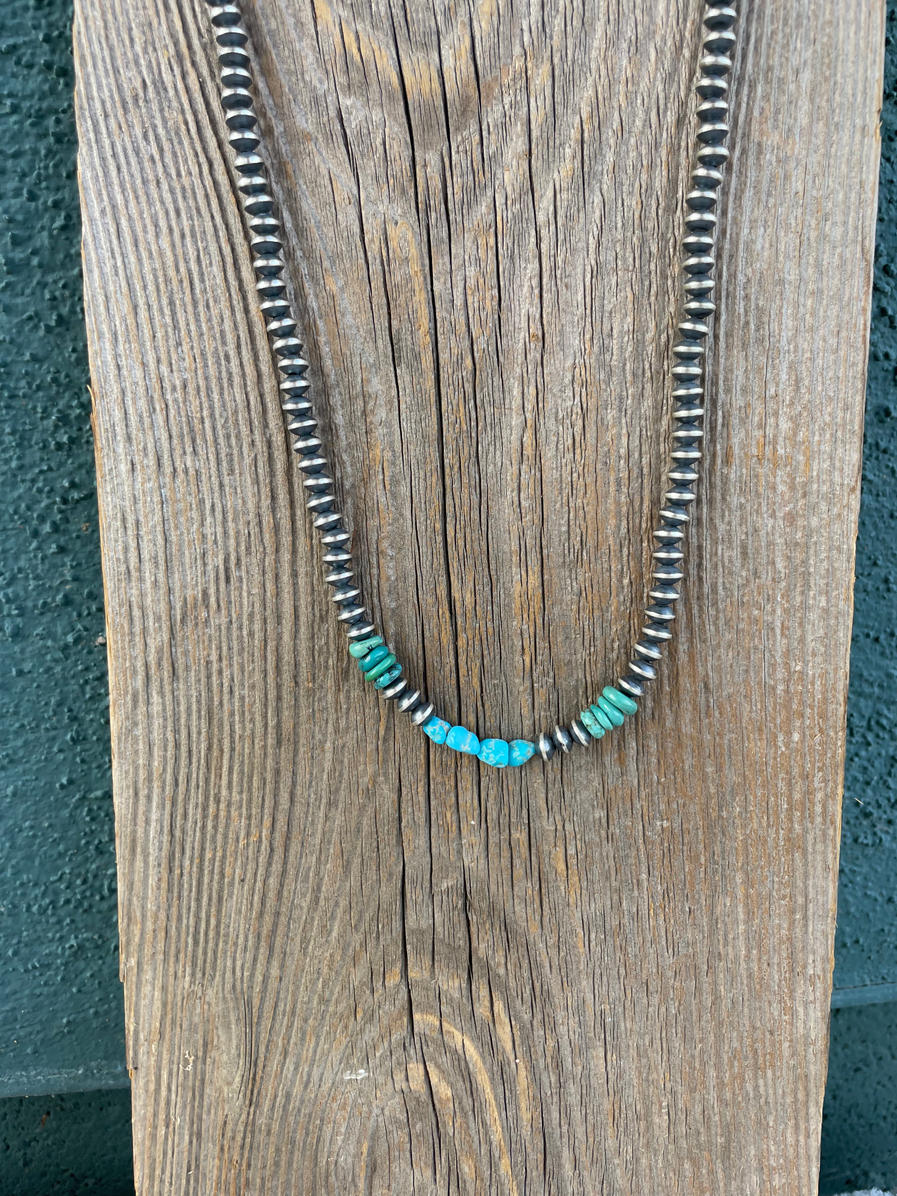 Navajo Turquoise And Sterling Silver Beaded 20Inch Necklace