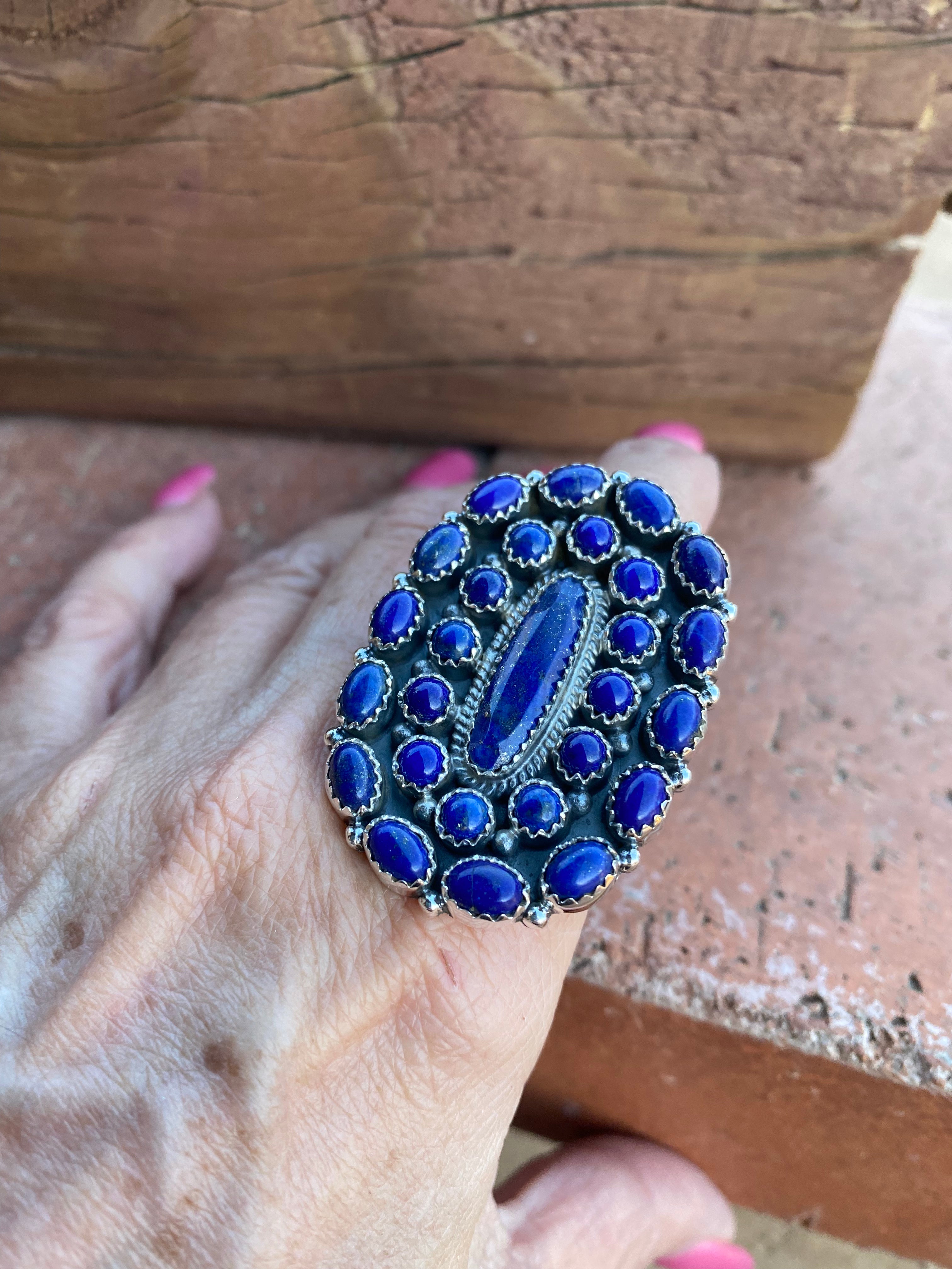 Handmade Sterling Silver & Lapis Cluster Adjustable Ring