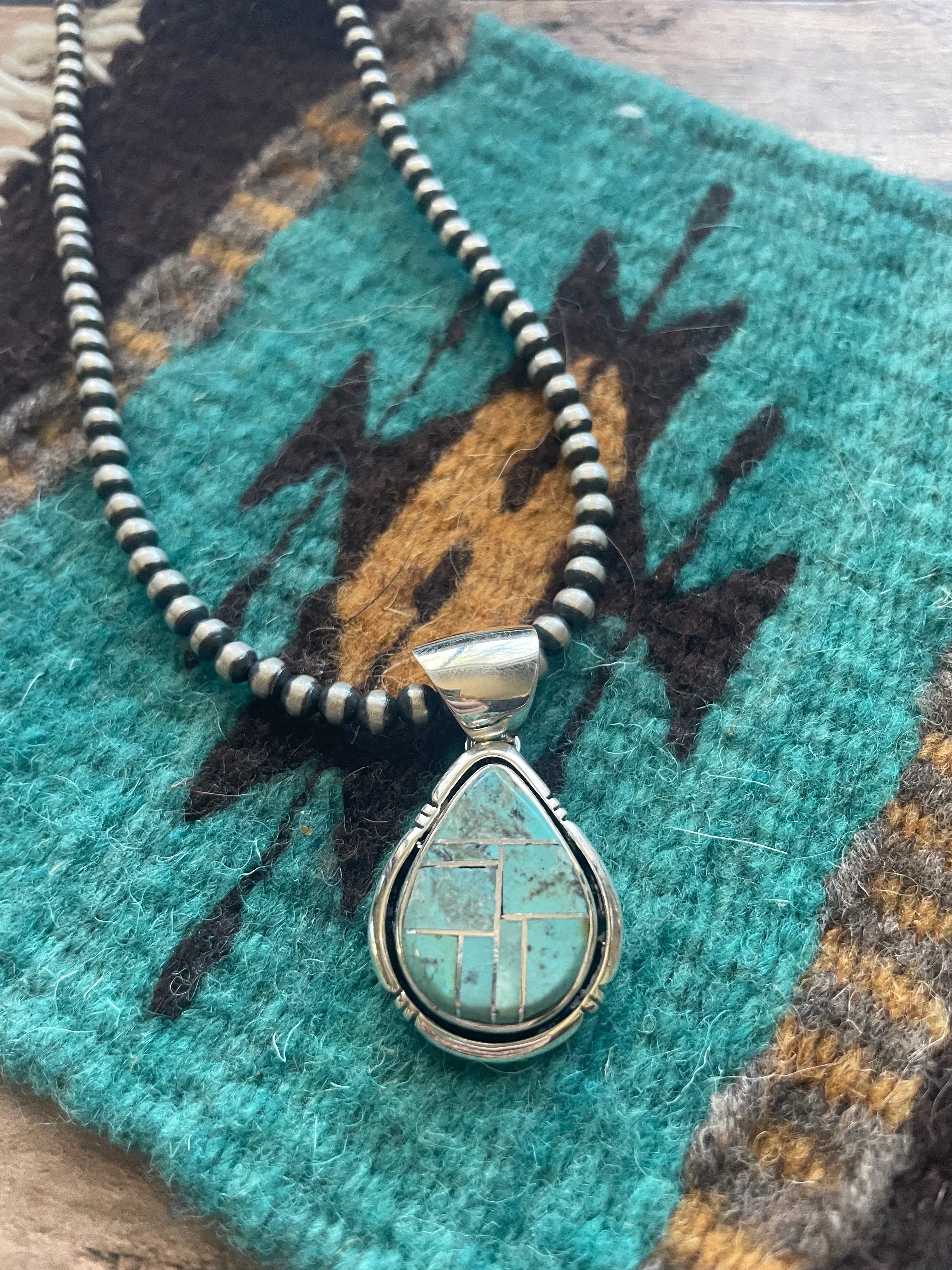 Number 8 Turquoise Inlay & Sterling Silver Pendant