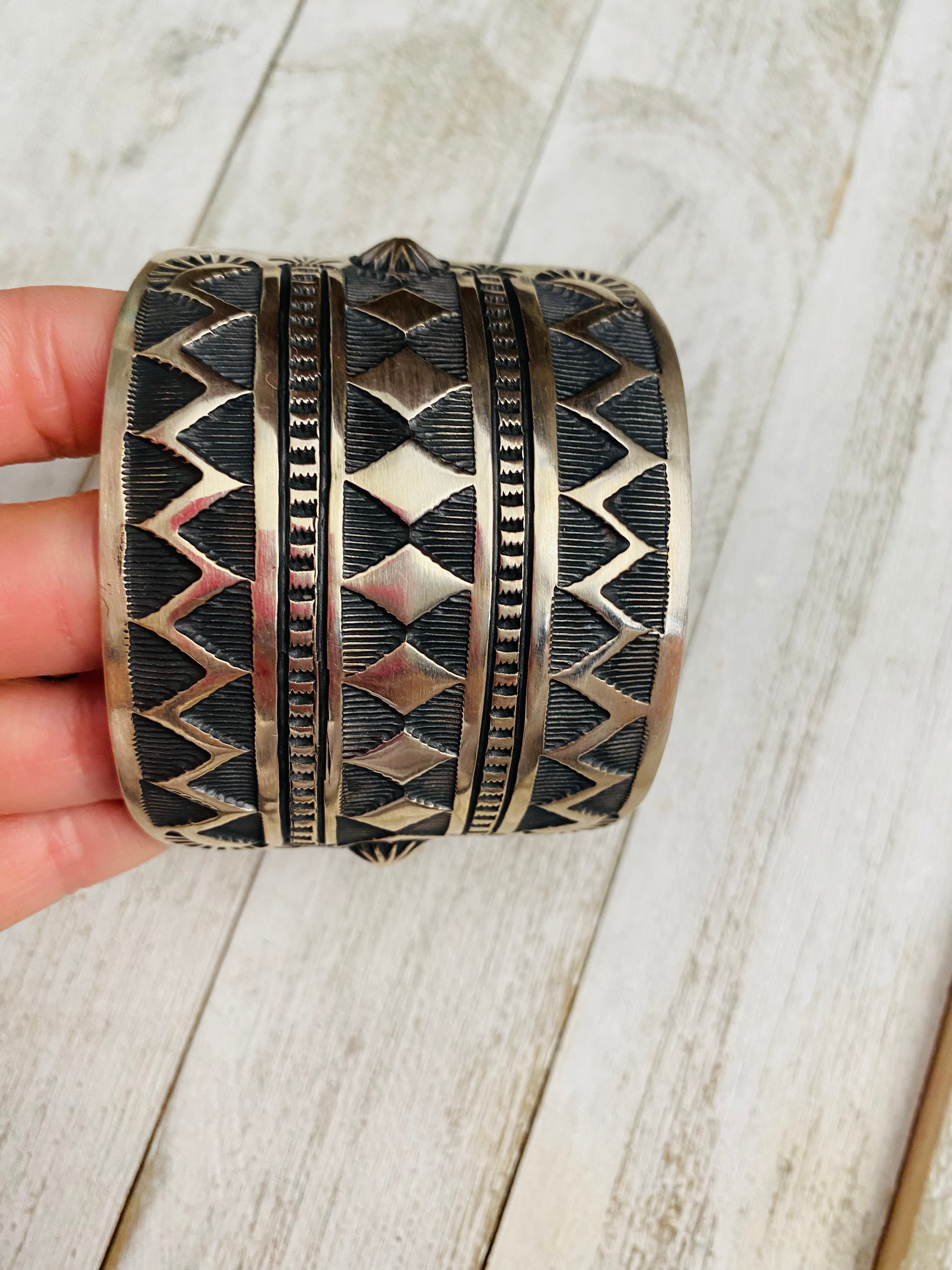 Navajo Hand Stamped Sterling Silver Cuff Bracelet by Elvira Bill