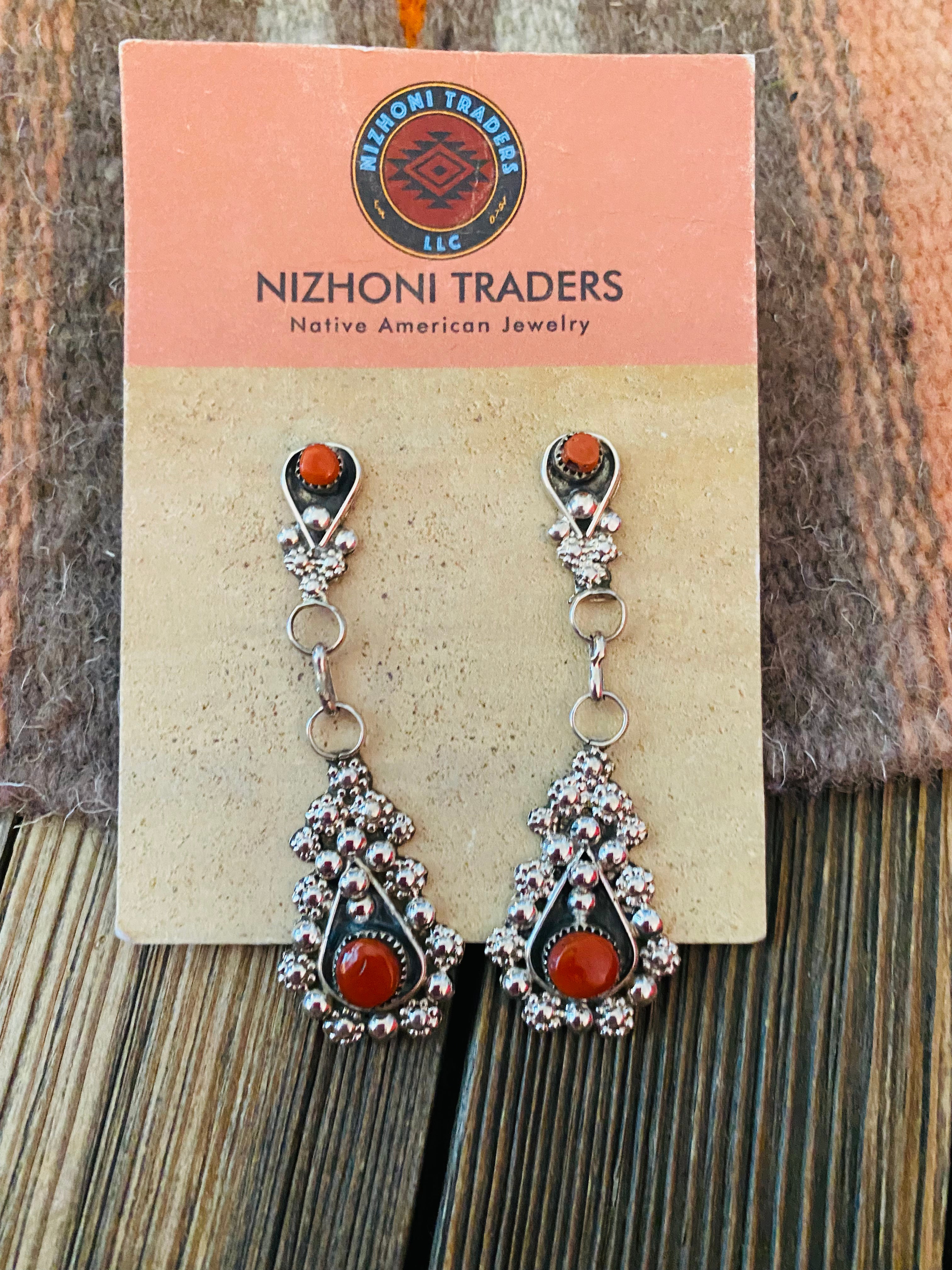 Zuni Sterling Silver & Coral Dangle Earrings