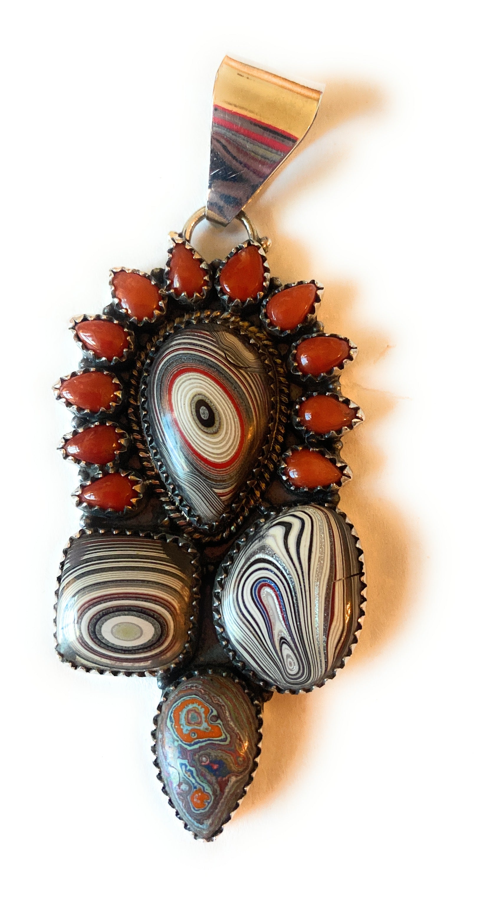 Handmade Sterling Silver, Fordite & Coral Cluster Pendant