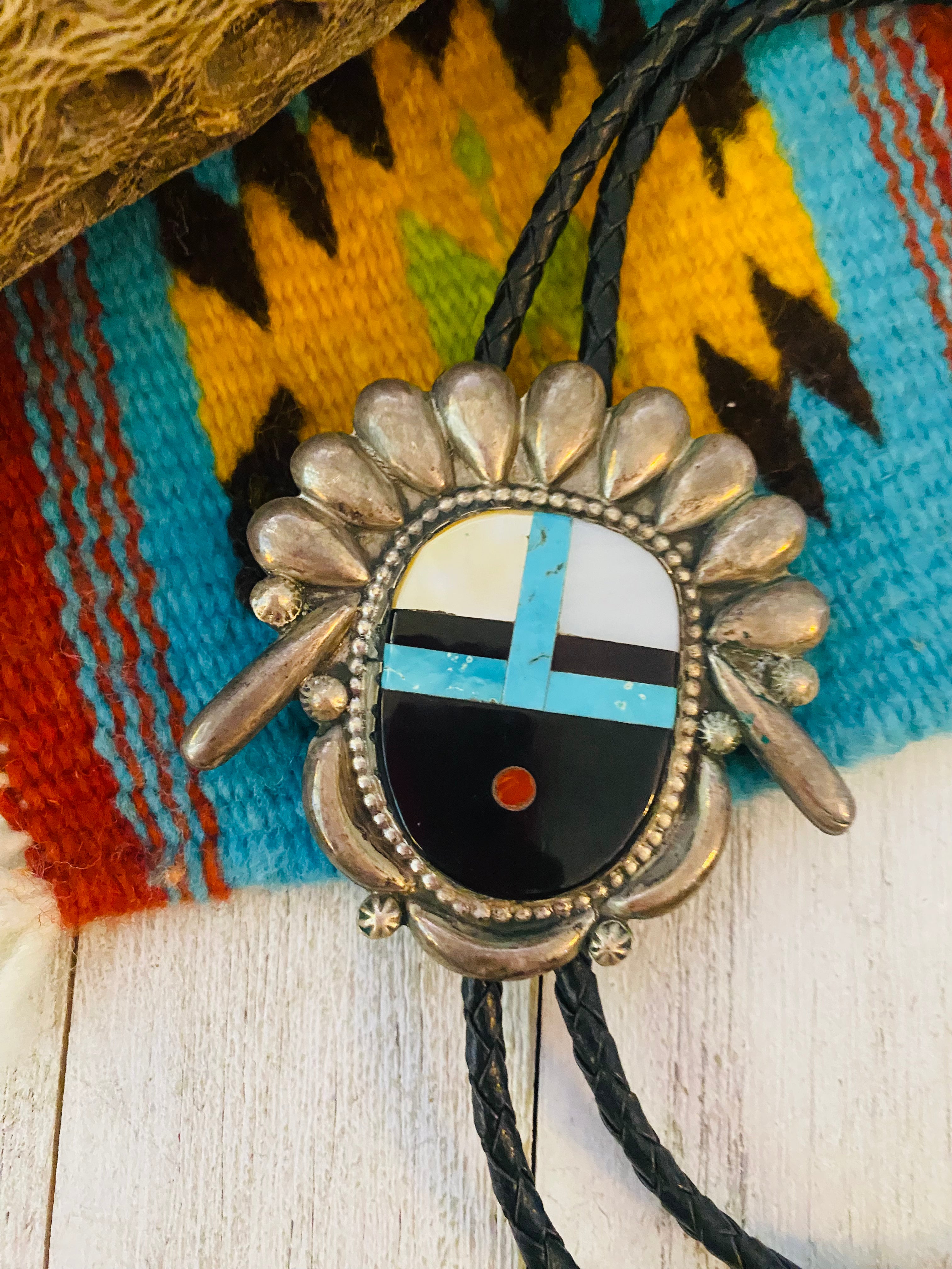 Vintage Navajo Sterling Silver & Multi Stone Inlay Bolo Tie