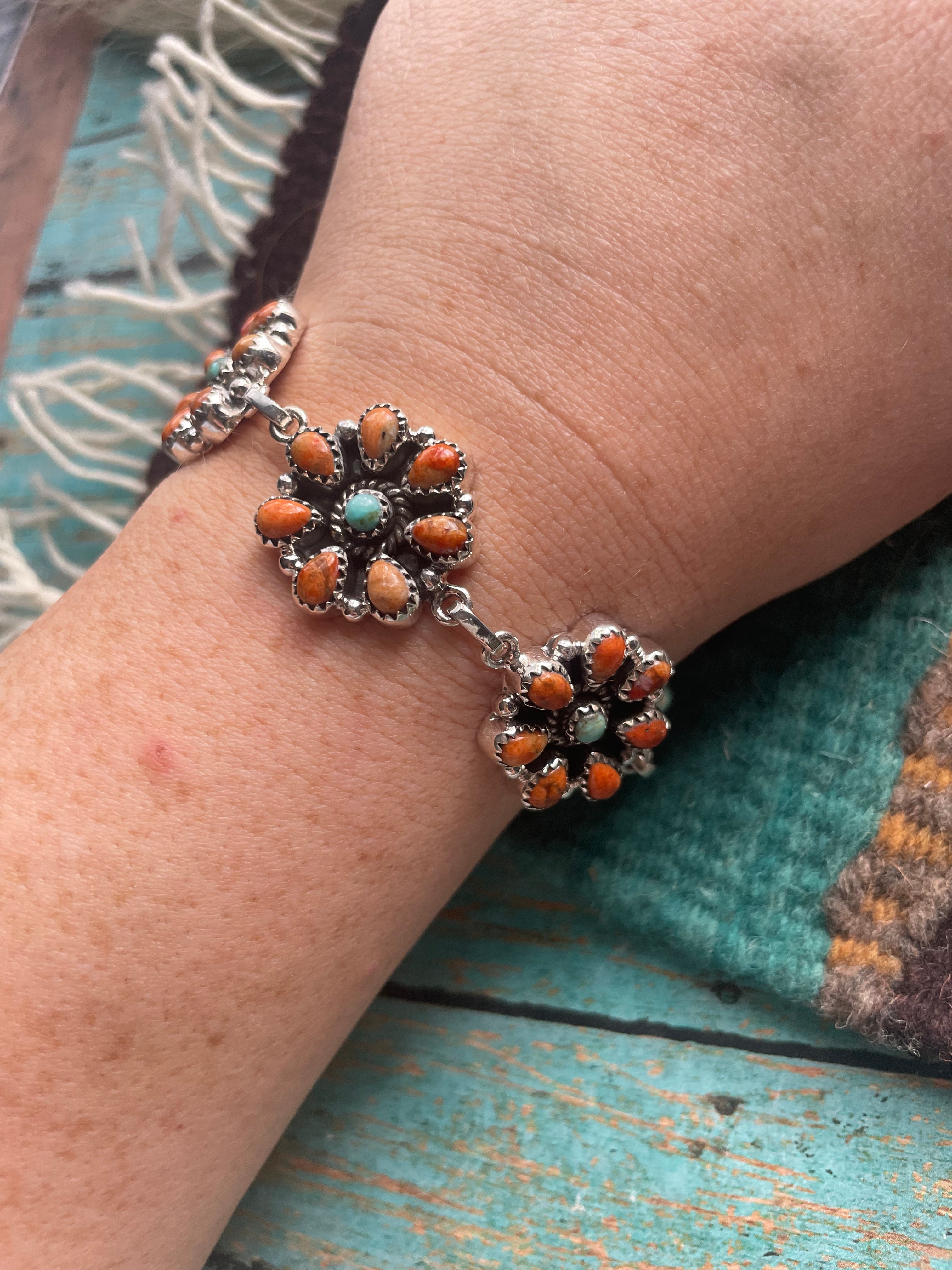 Handmade Sterling Silver Orange Spiny & Turquoise Cluster Bracelet Signed Nizhoni