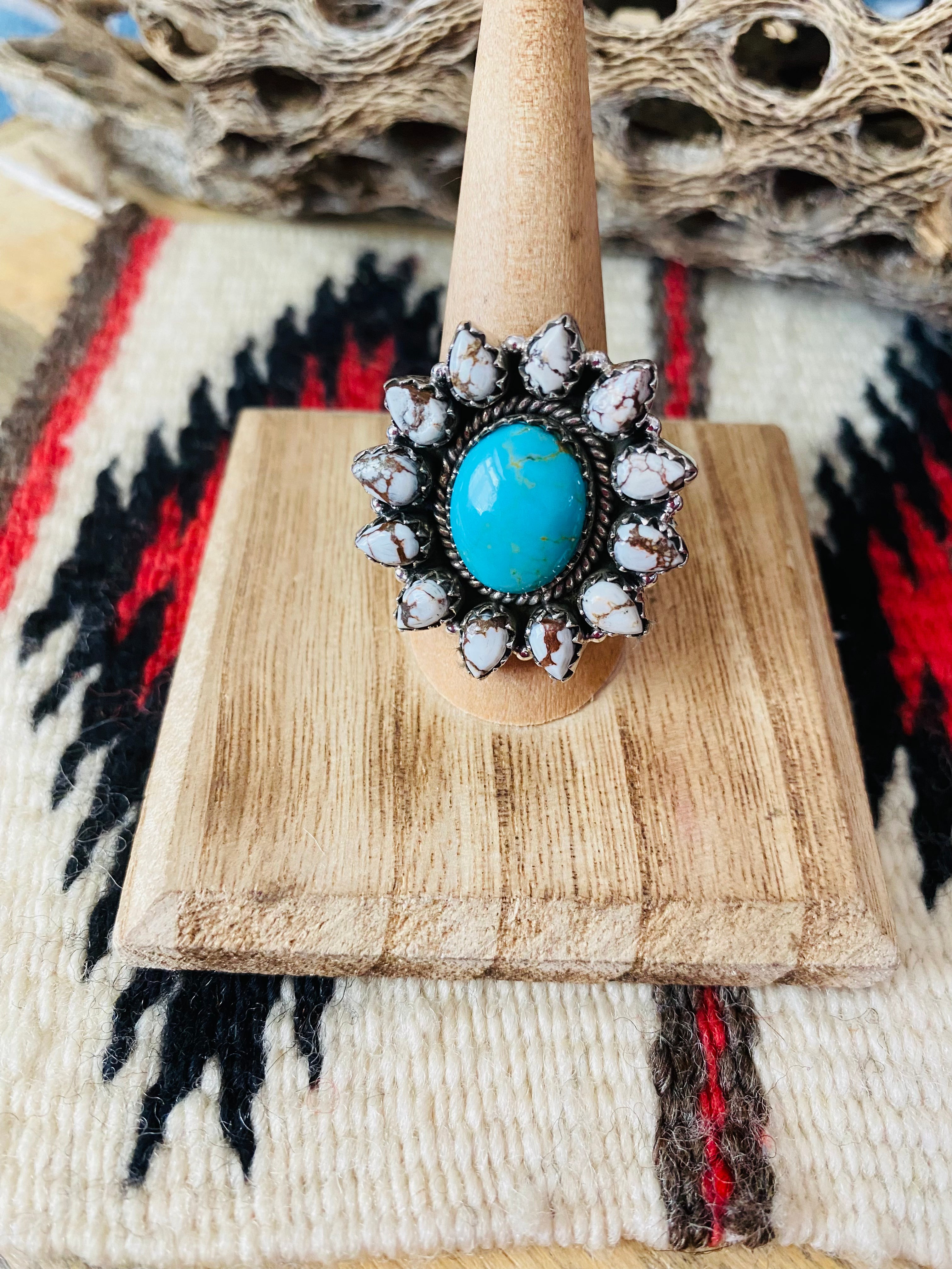 Handmade Sterling Silver, Wild Horse & Turquoise Cluster Adjustable Ring