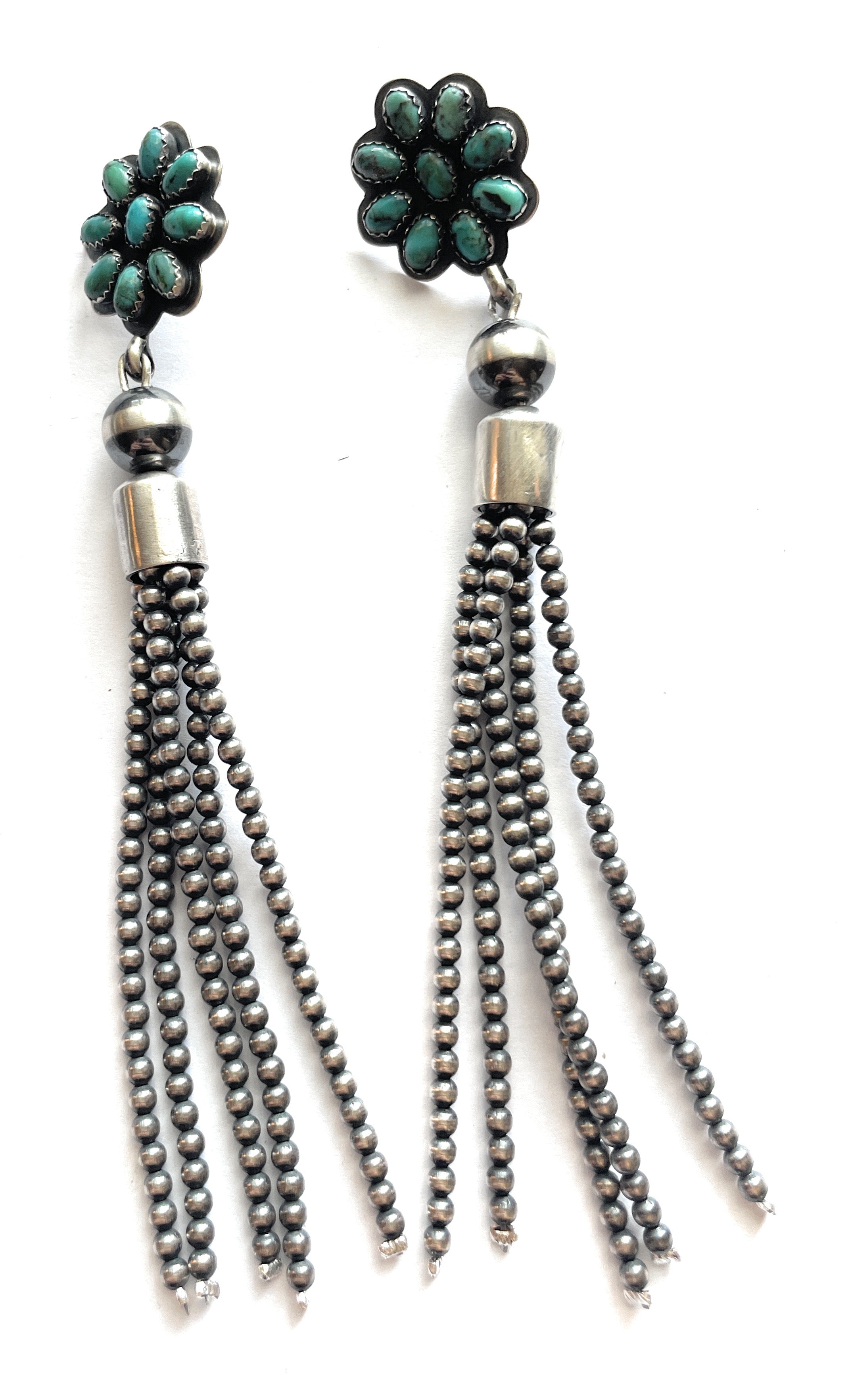 Navajo Sterling Silver Tassel Turquoise Flower Dangle Earrings Signed