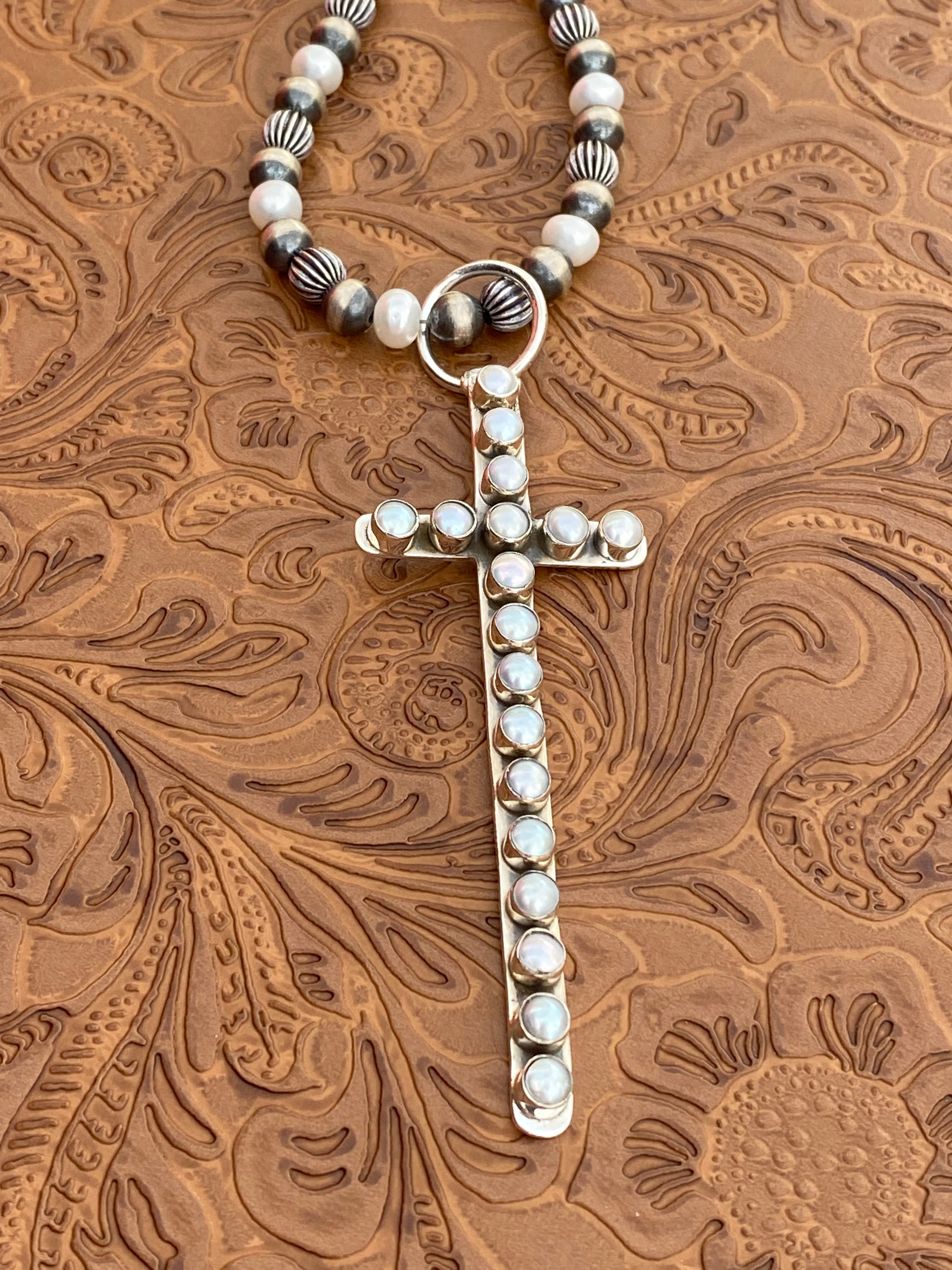 Handmade Sterling Silver & Fresh Water Pearl 4 inch Cross