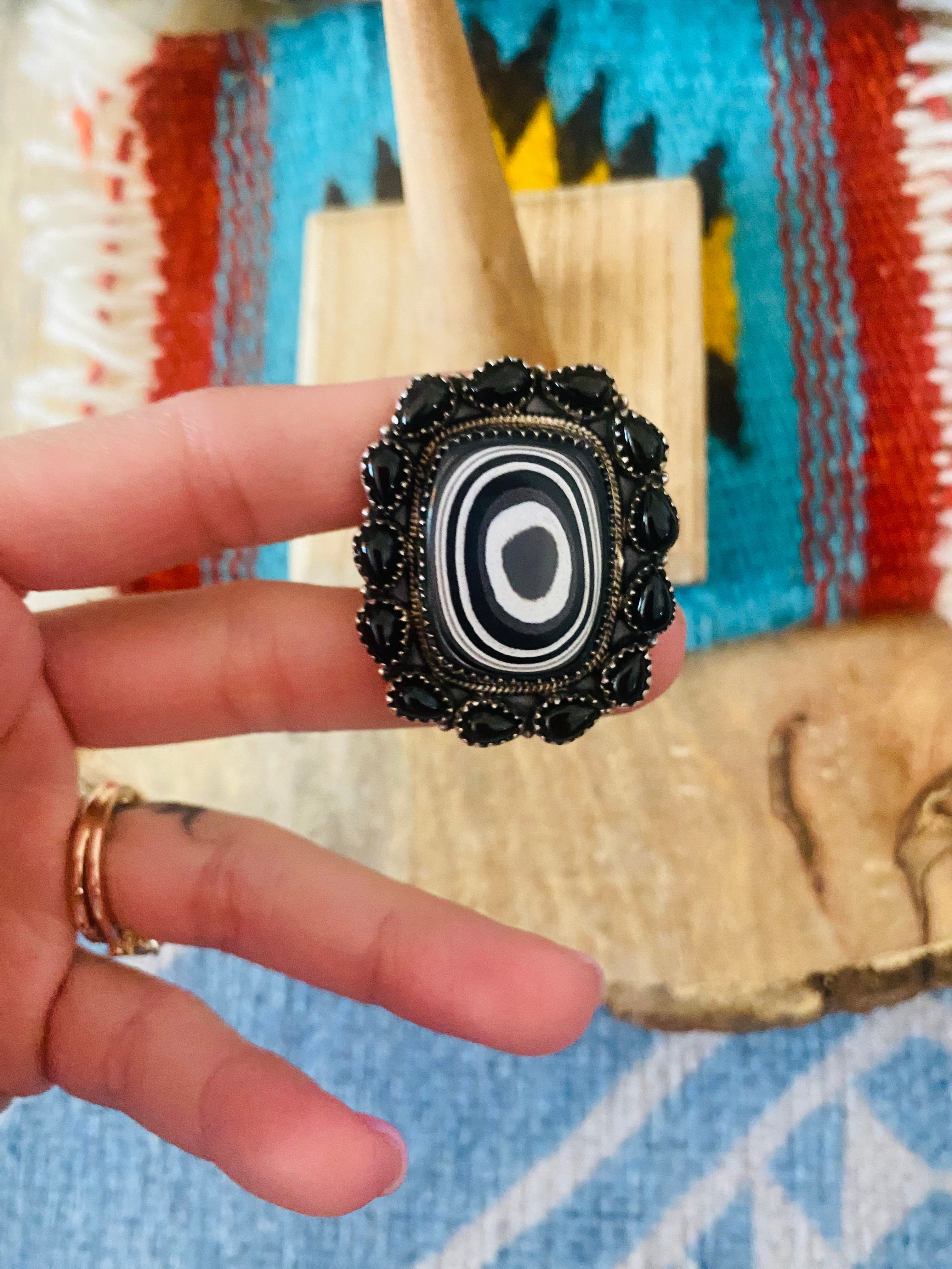 Handmade Sterling Silver, Fordite & Onyx Cluster Adjustable Ring