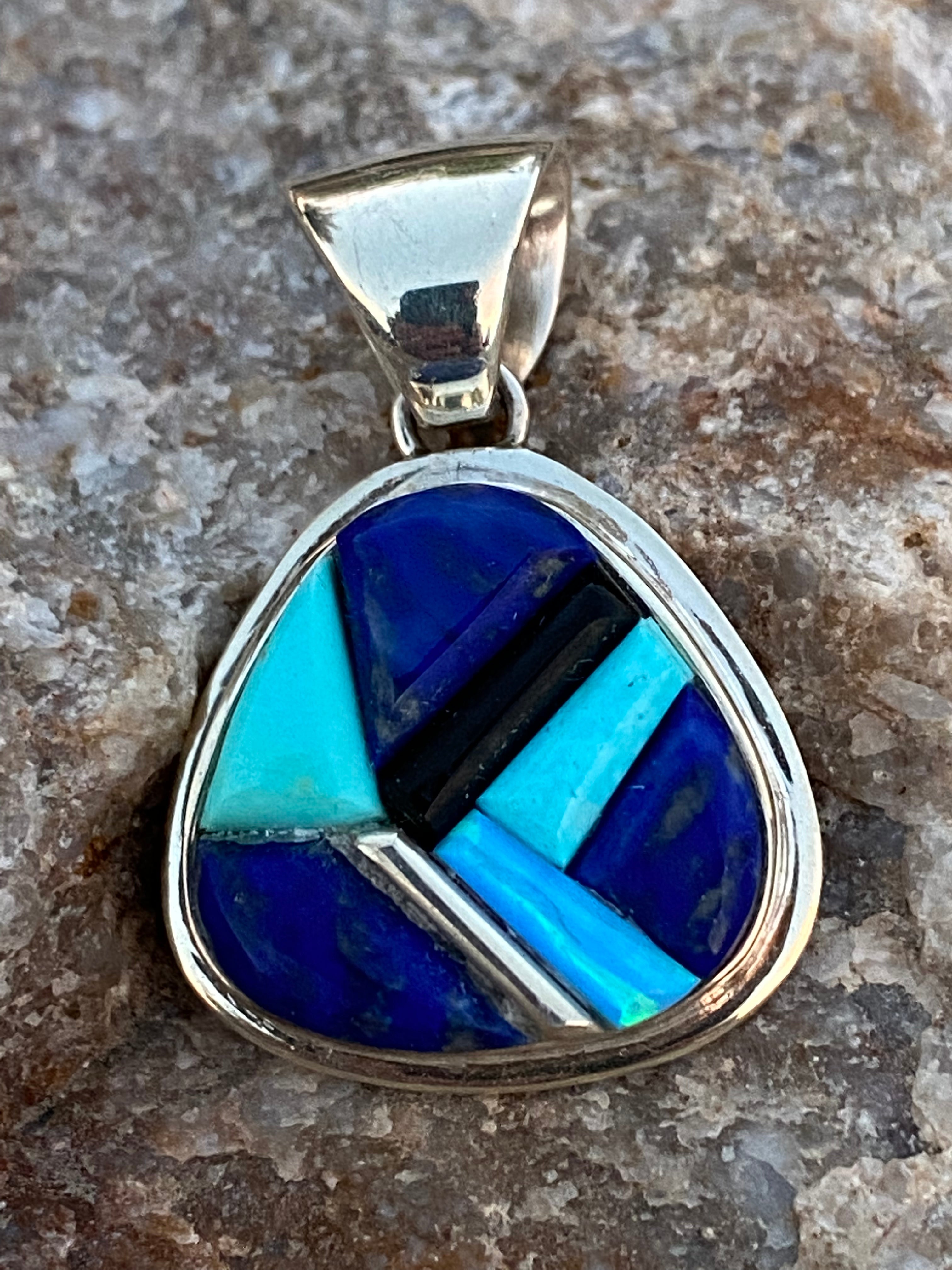 Navajo Lapis, Turquoise, Blue Opal & Sterling Pendant