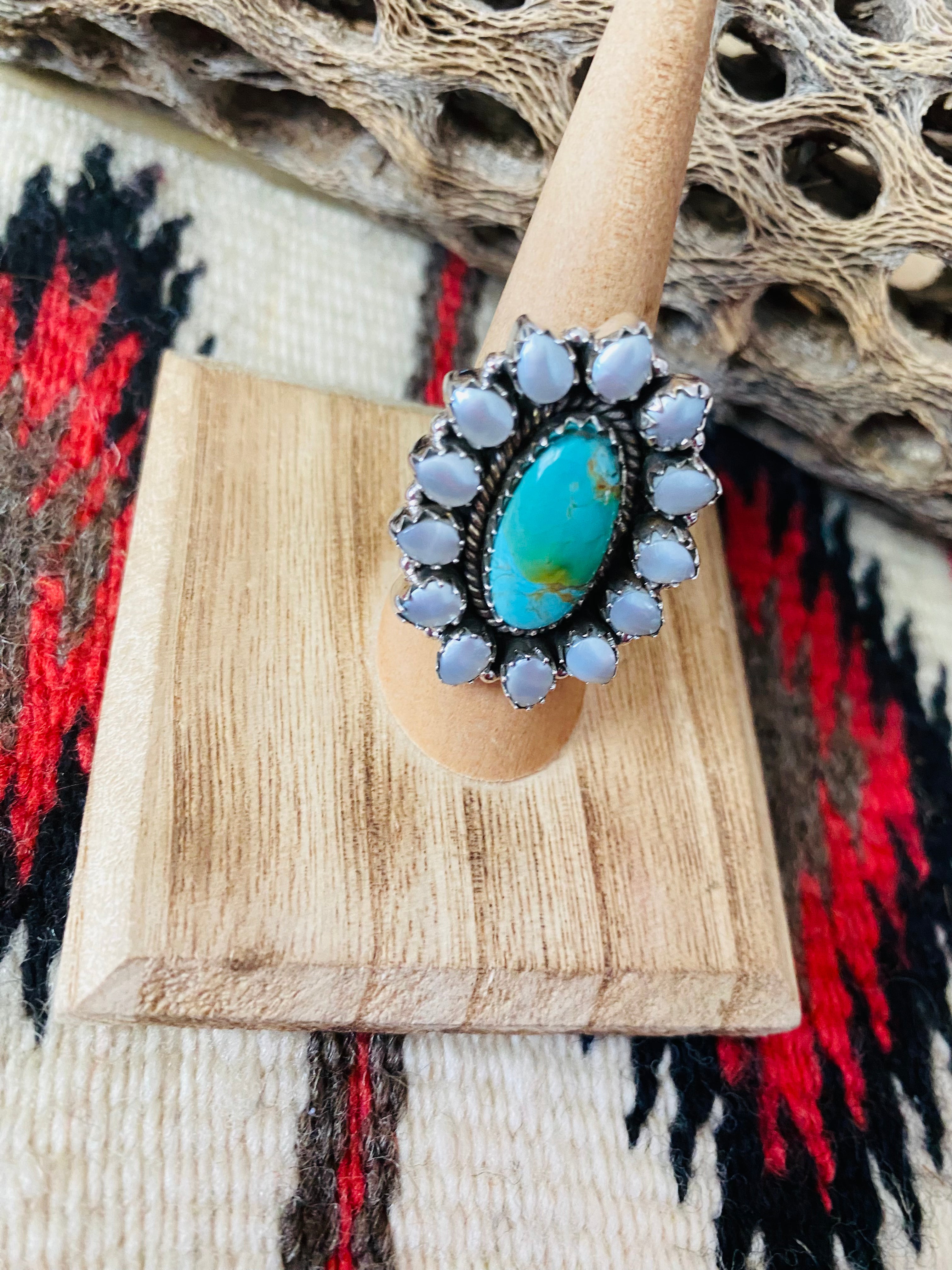 Handmade Sterling Silver, Turquoise & Pearl Cluster Adjustable Ring