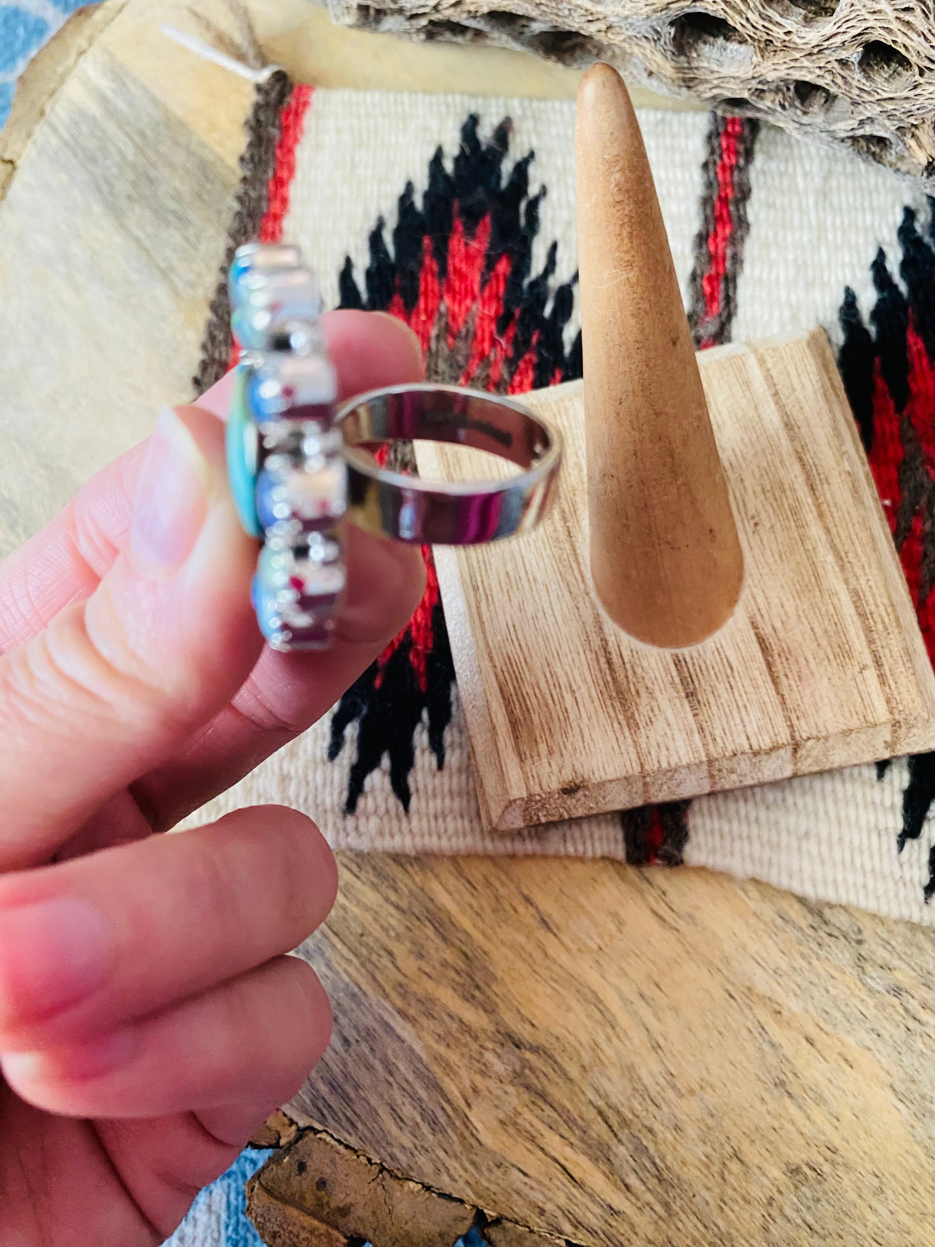 Handmade Sterling Silver, Turquoise & Opal Cluster Adjustable Ring