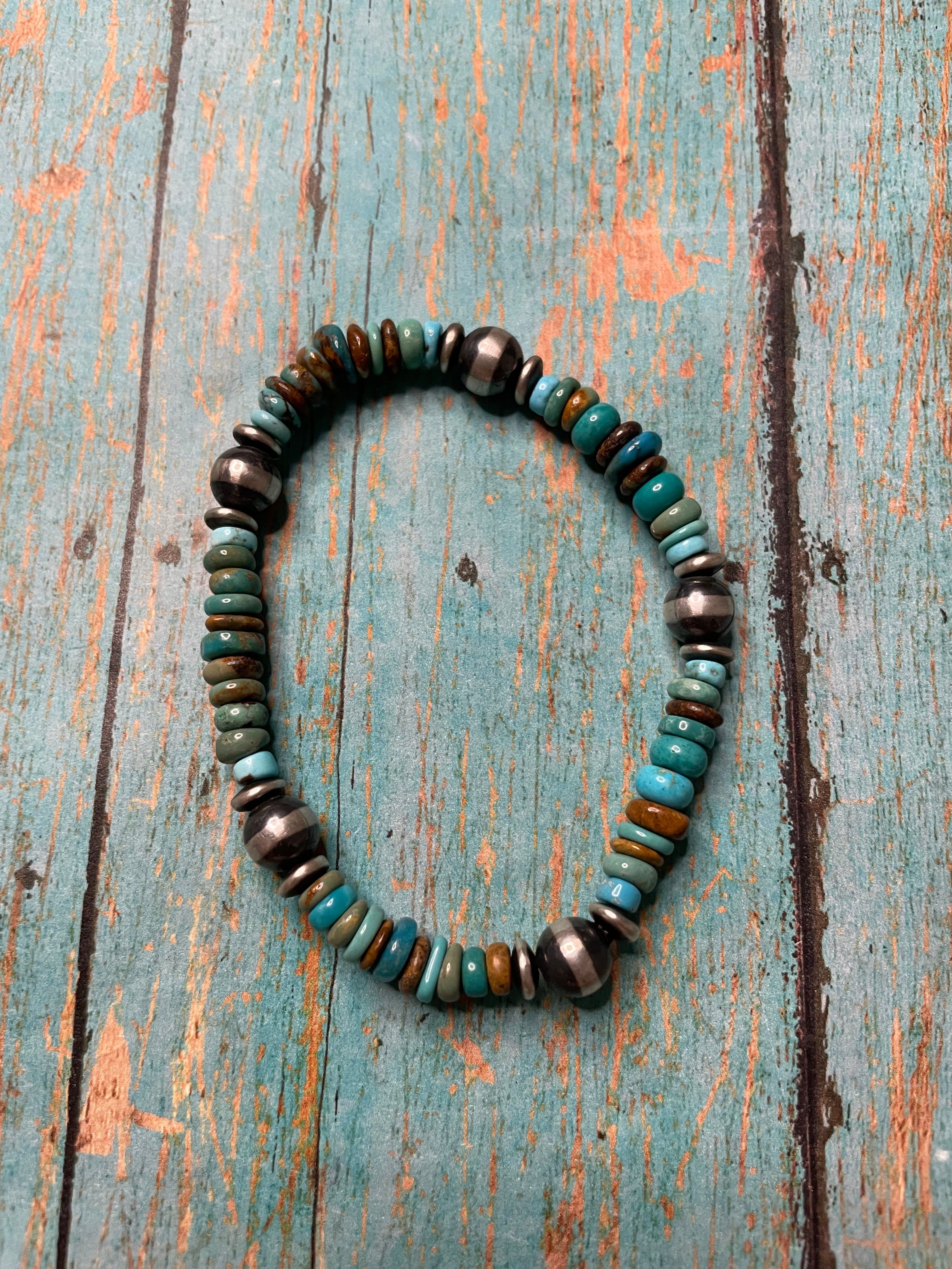 Navajo Sterling Silver Stretchy Natural #8 Turquoise Beaded Bracelet