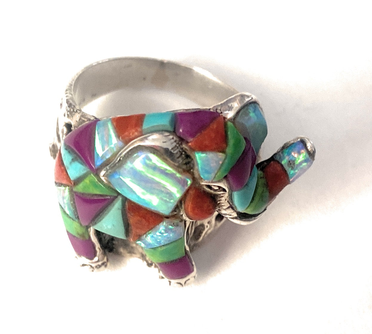 Handmade Sterling Silver & Multi Stone Inlay Elephant Ring Size 9