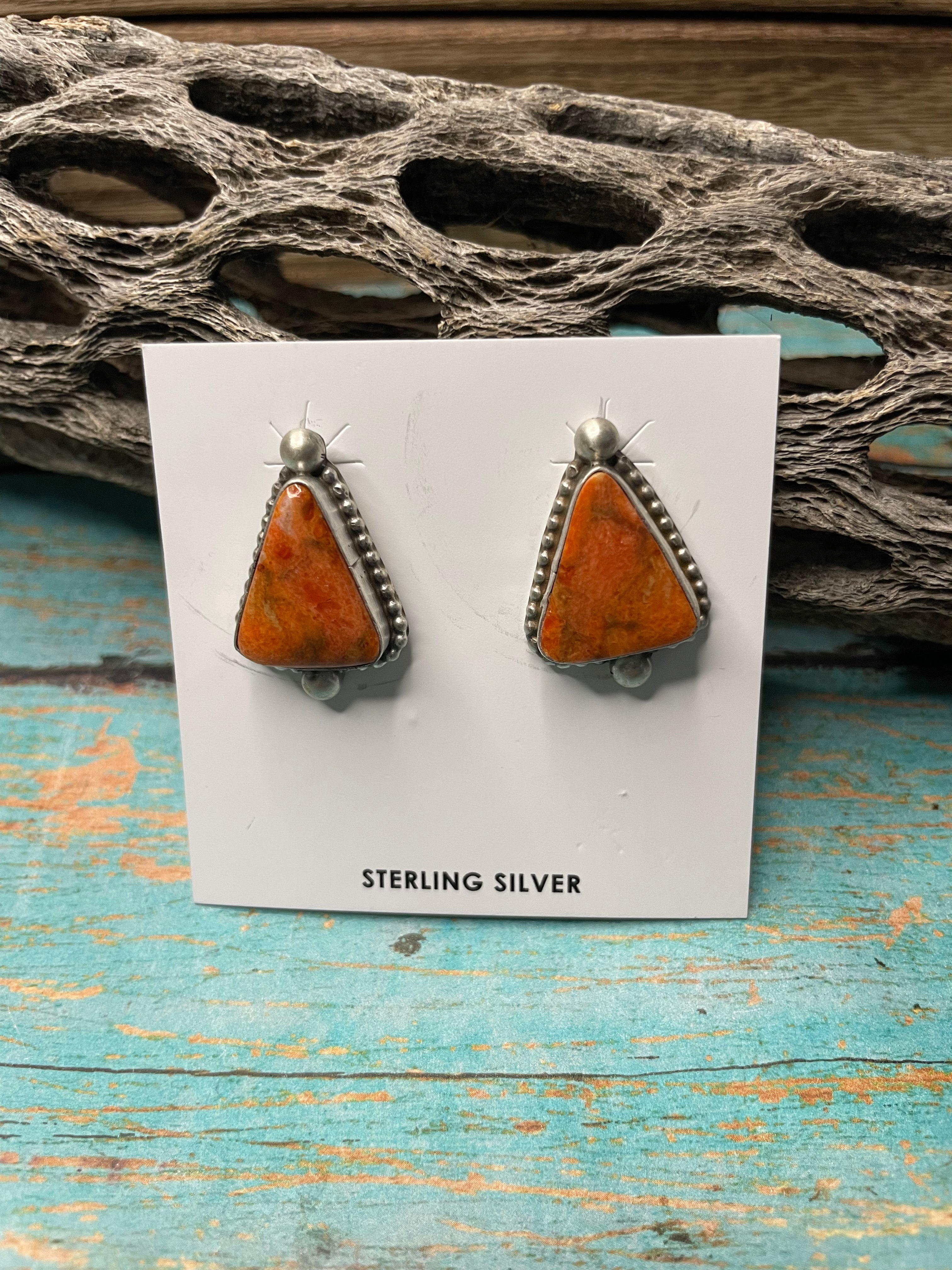 Navajo Apple Coral And Sterling Silver Post Earrings Signed