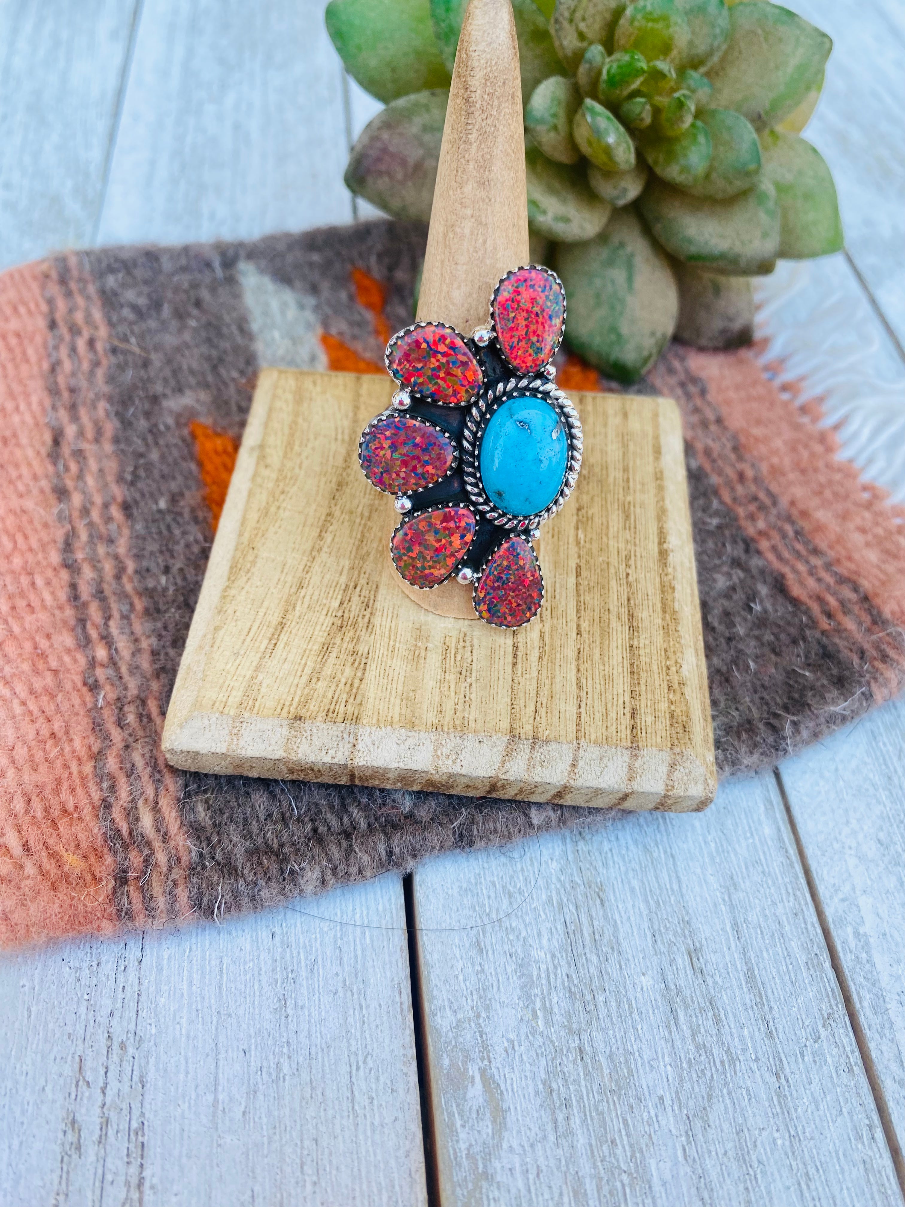 Handmade Sterling Silver, Opal & Turquoise Cluster Adjustable Ring