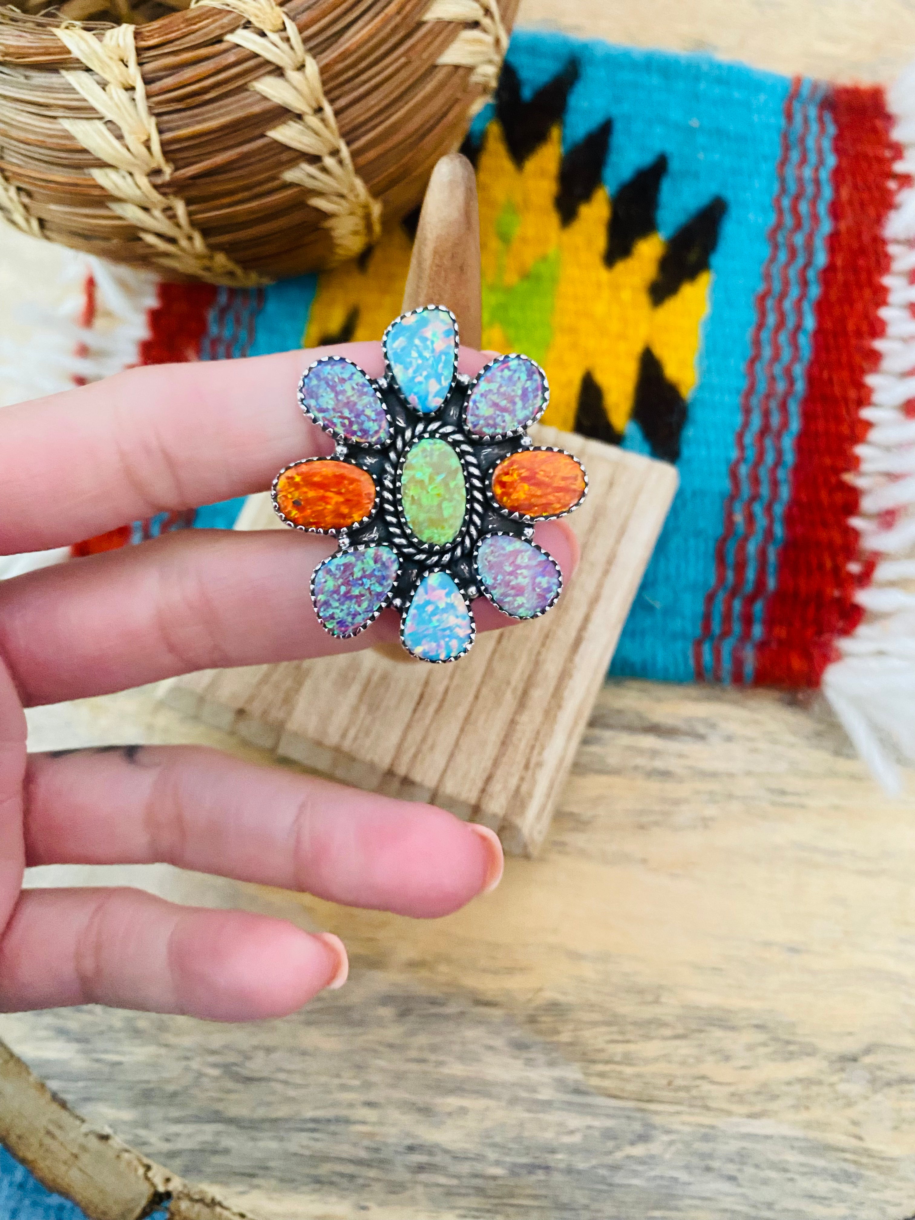 Handmade Sterling Silver & Opal Cluster Adjustable Ring