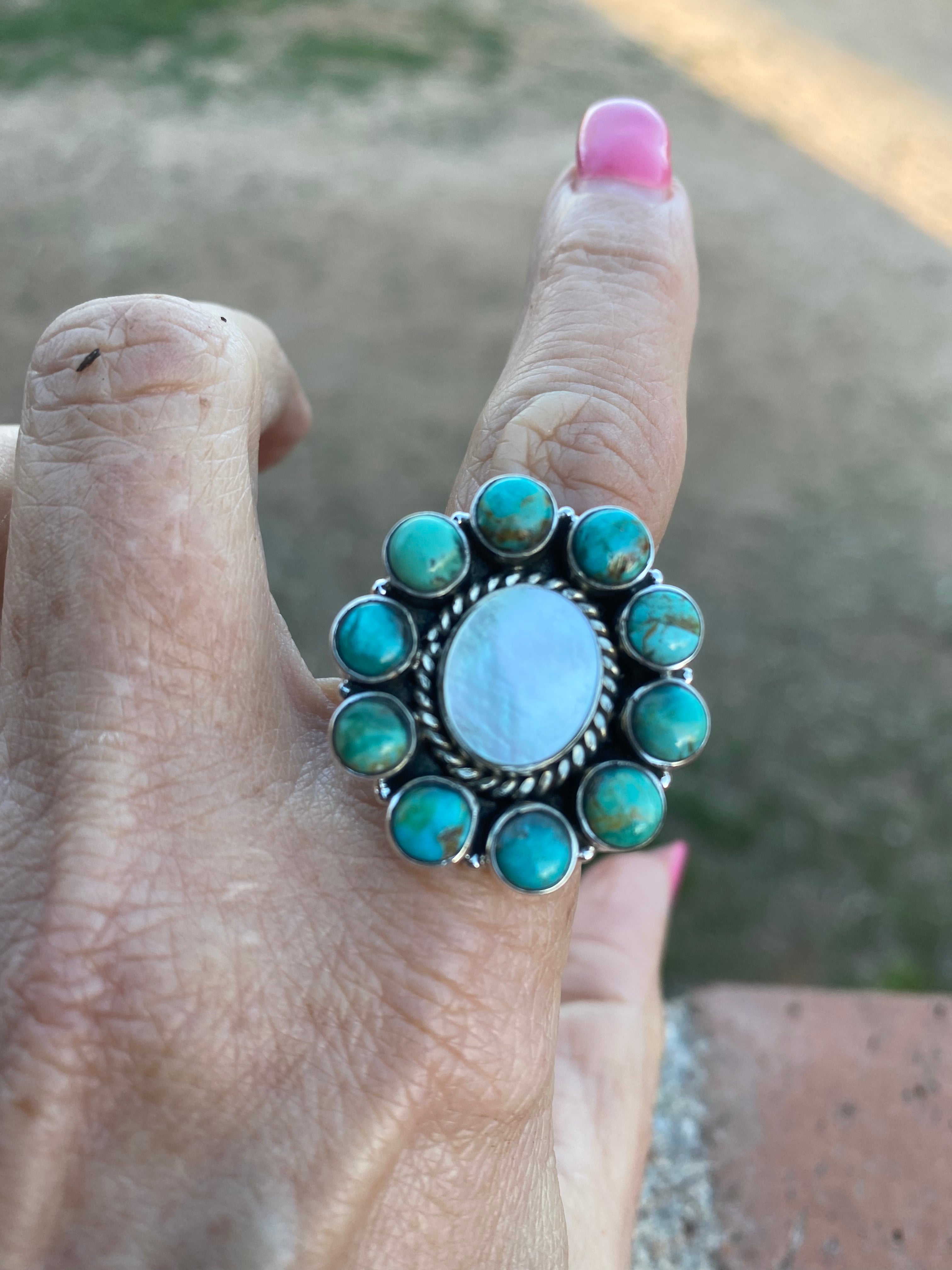 Handmade Sterling Silver Mother of Pearl & Kingman Turquoise Cluster Adjustable Ring