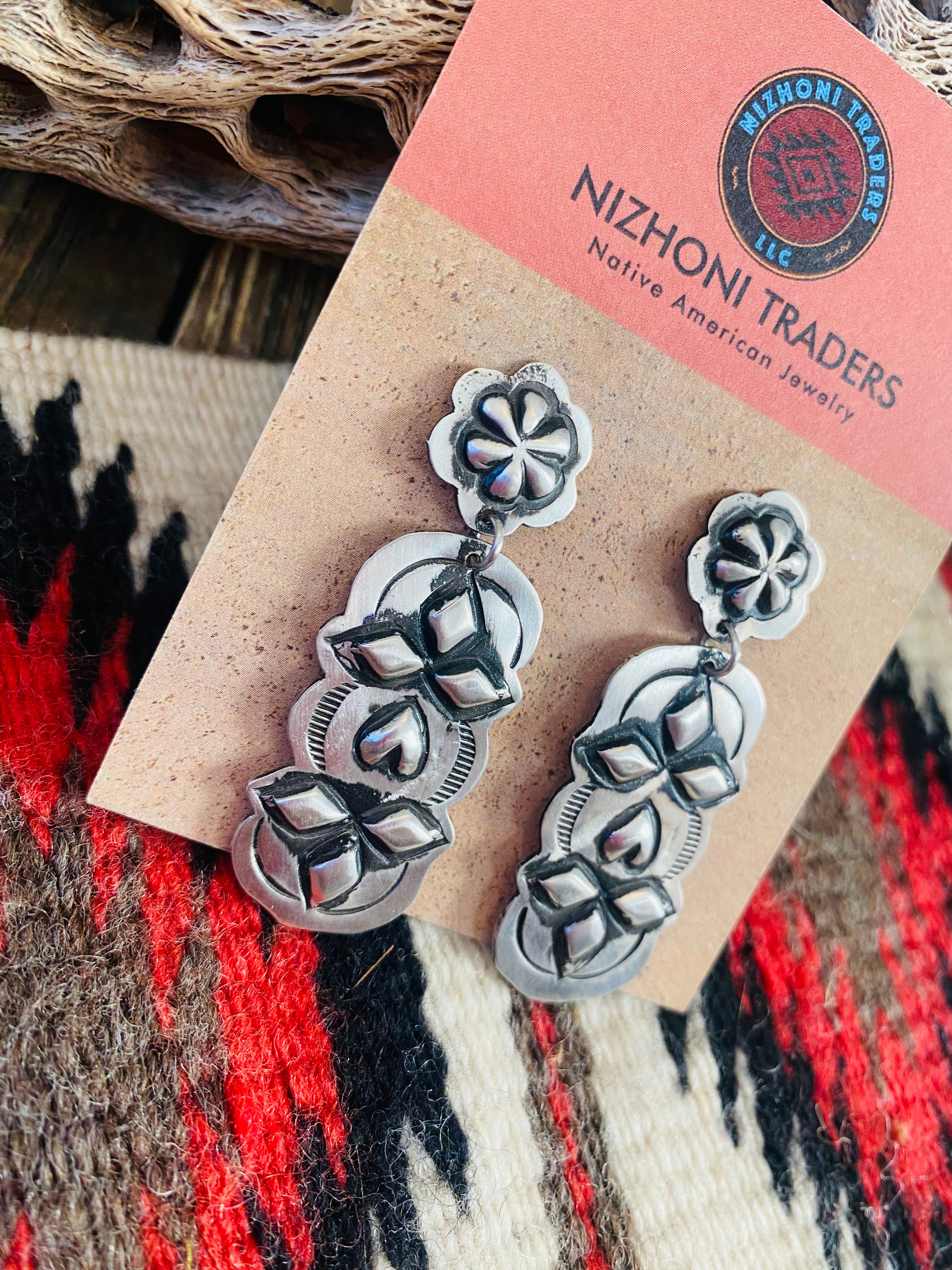 Navajo Sterling Silver Concho Dangle Earrings By Leander Tahe