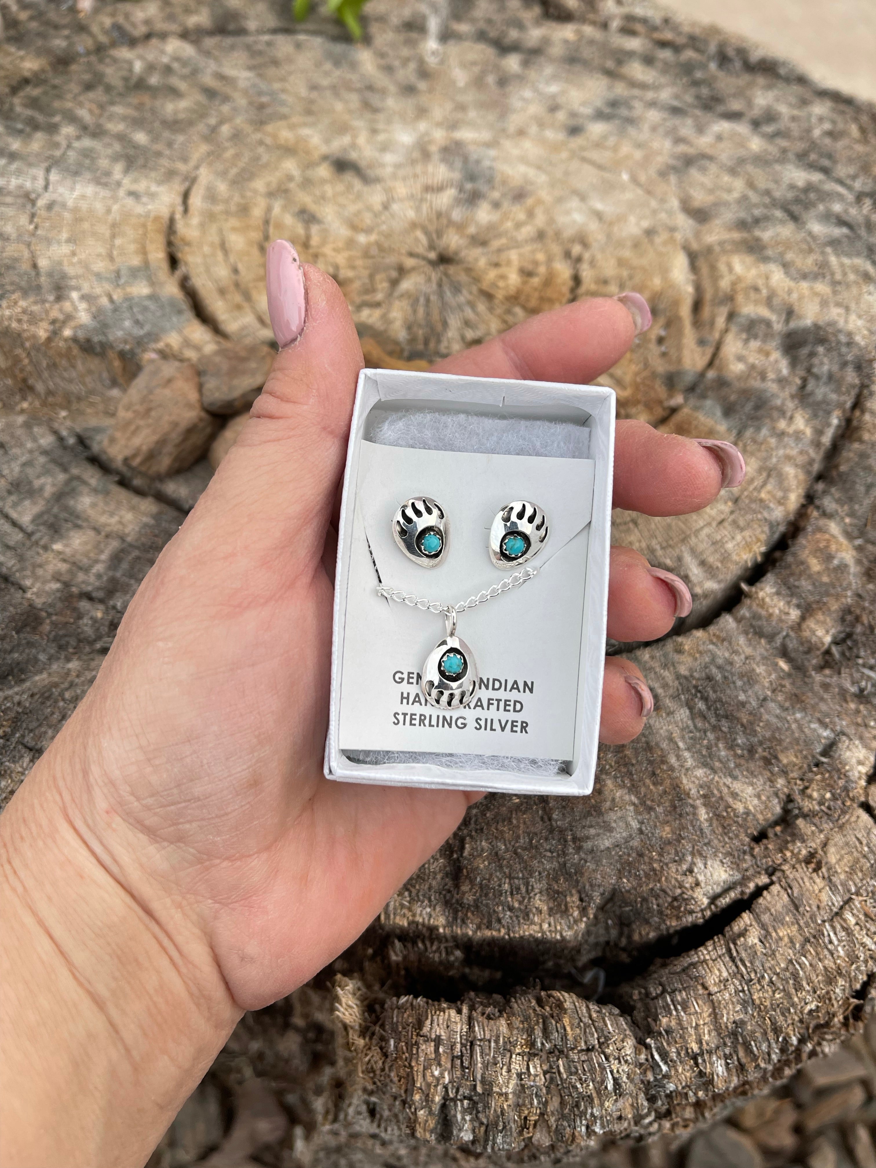 Navajo Sterling Silver Turquoise Bear Paw Set