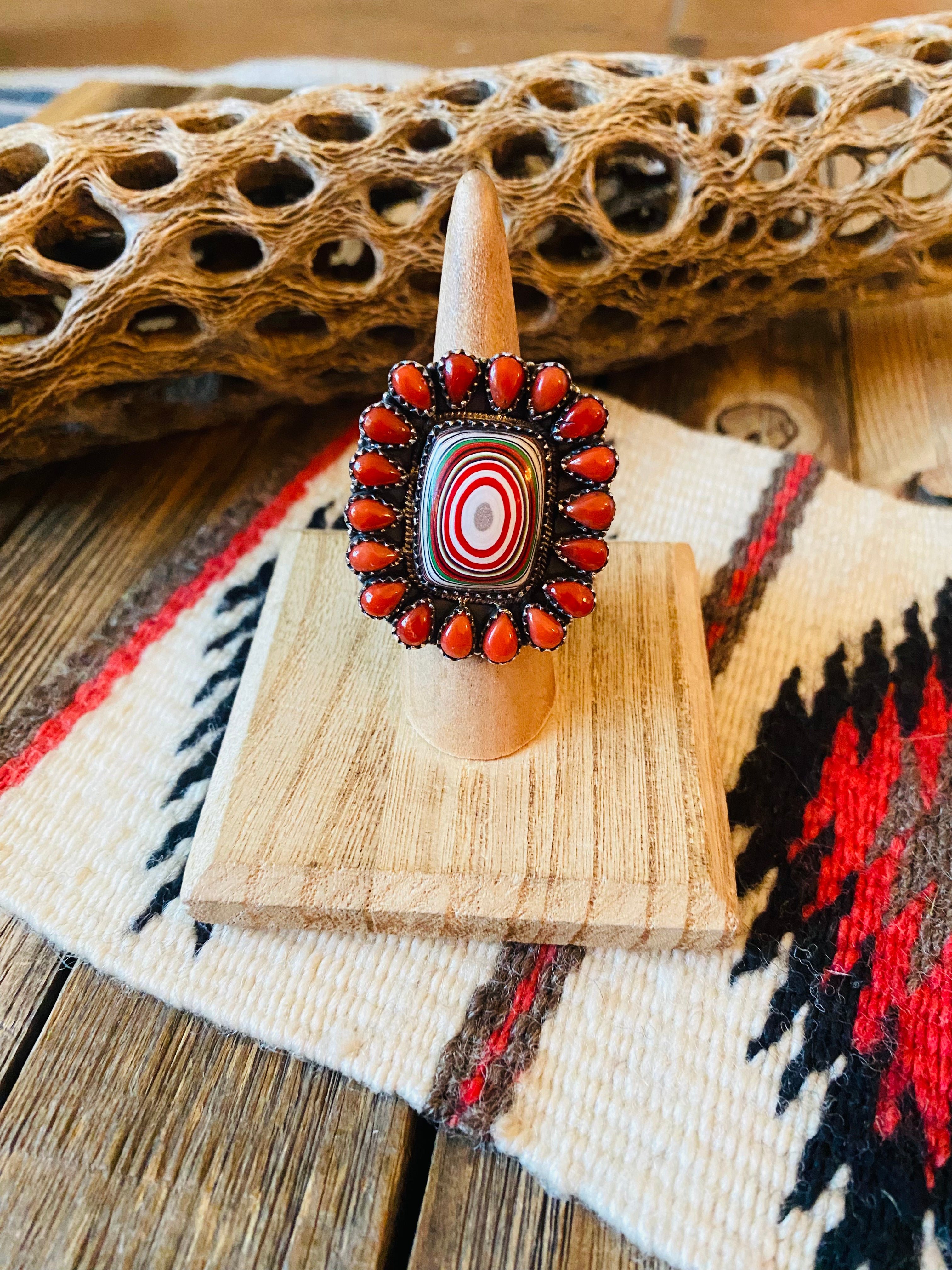 Handmade Sterling Silver, Fordite & Coral Cluster Adjustable Ring