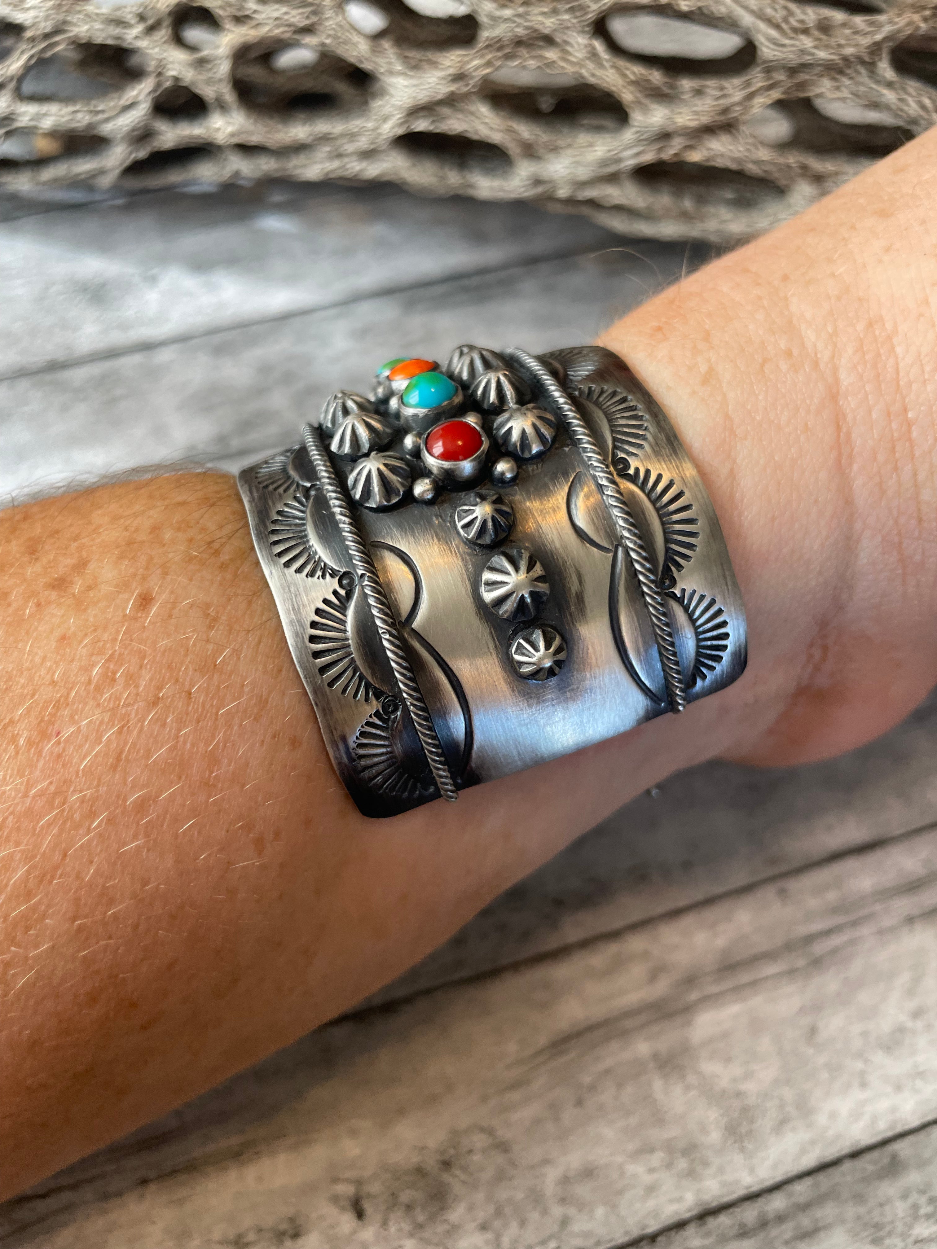 Navajo Sterling Silver And Multi Stone Bracelet Cuff By A Douglas