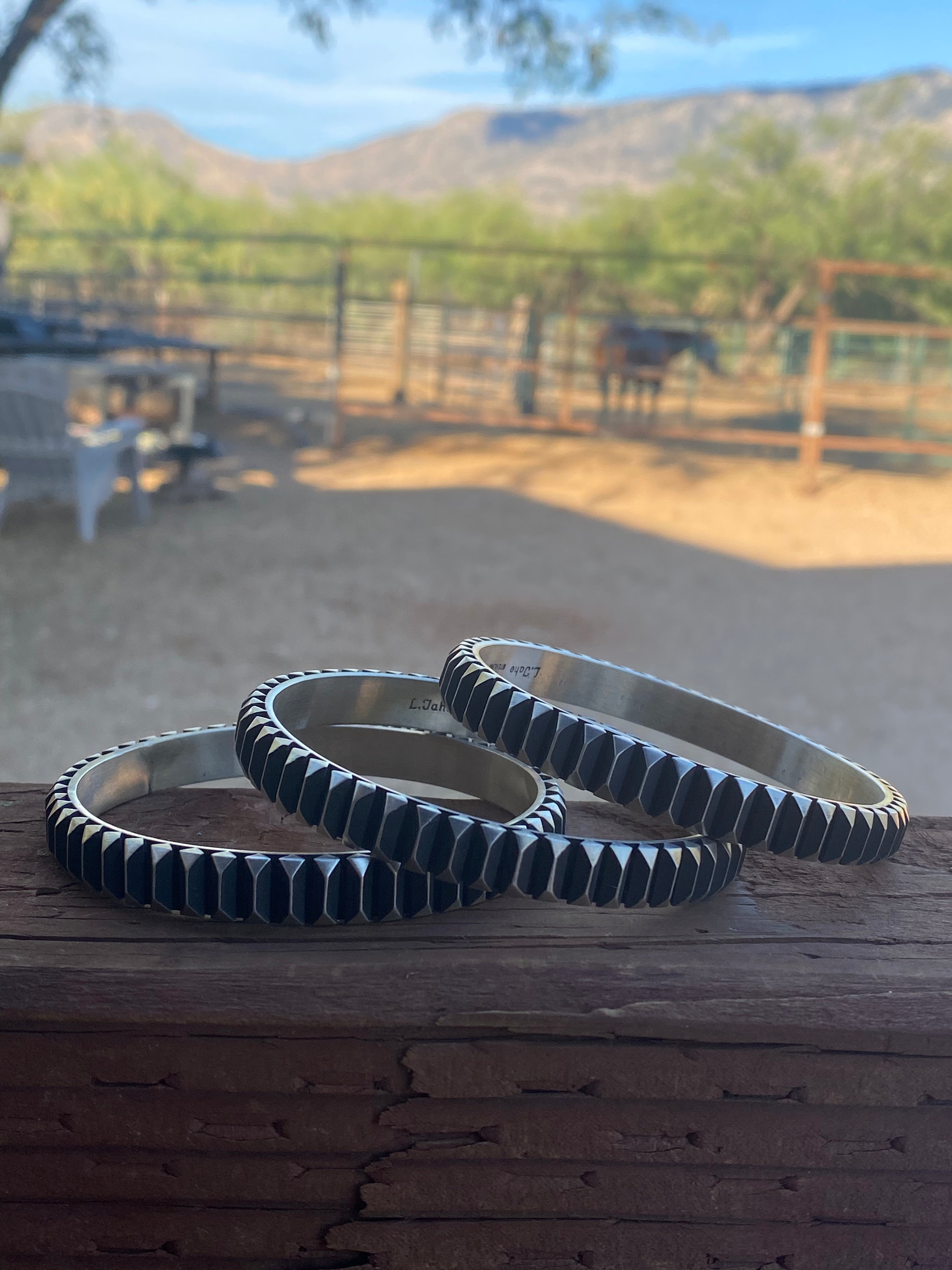 Leander Tahe Hand Stamped Sterling Navajo Bangle Signed