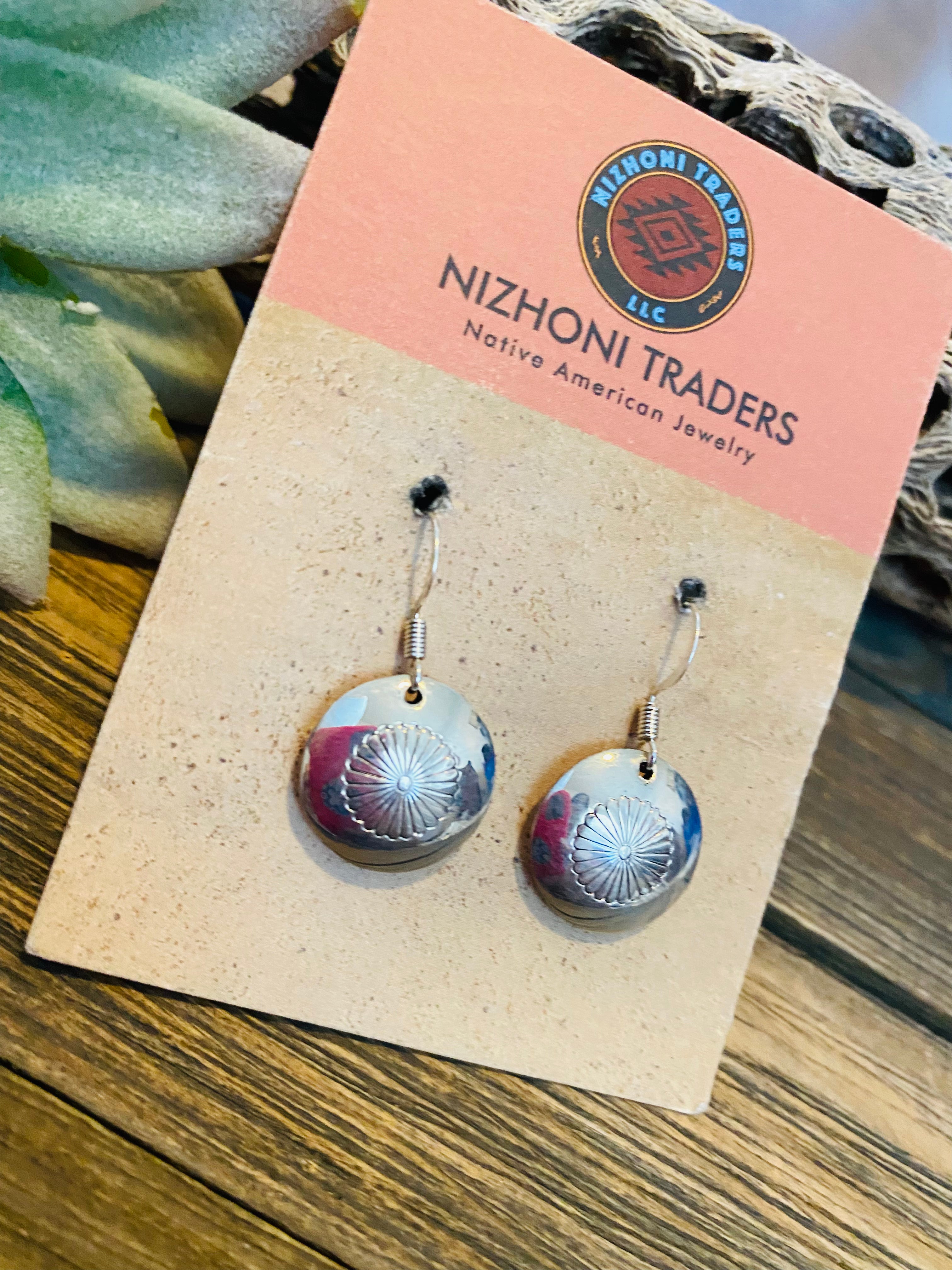 Navajo Hand Stamped Sterling Silver Concho Dangle Earrings