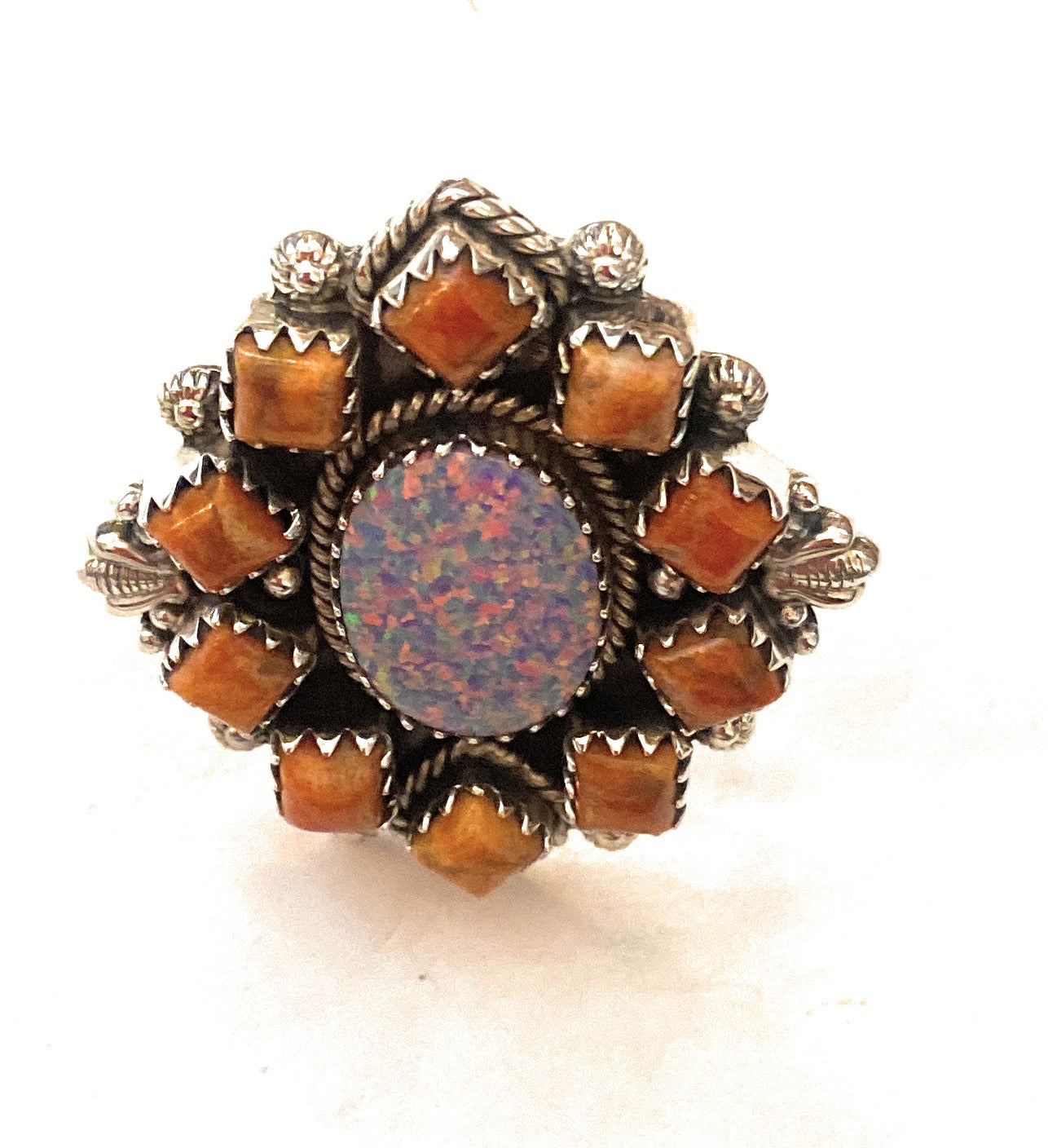 Handmade Sterling Silver, Orange Mojave & Opal Cluster Adjustable Ring