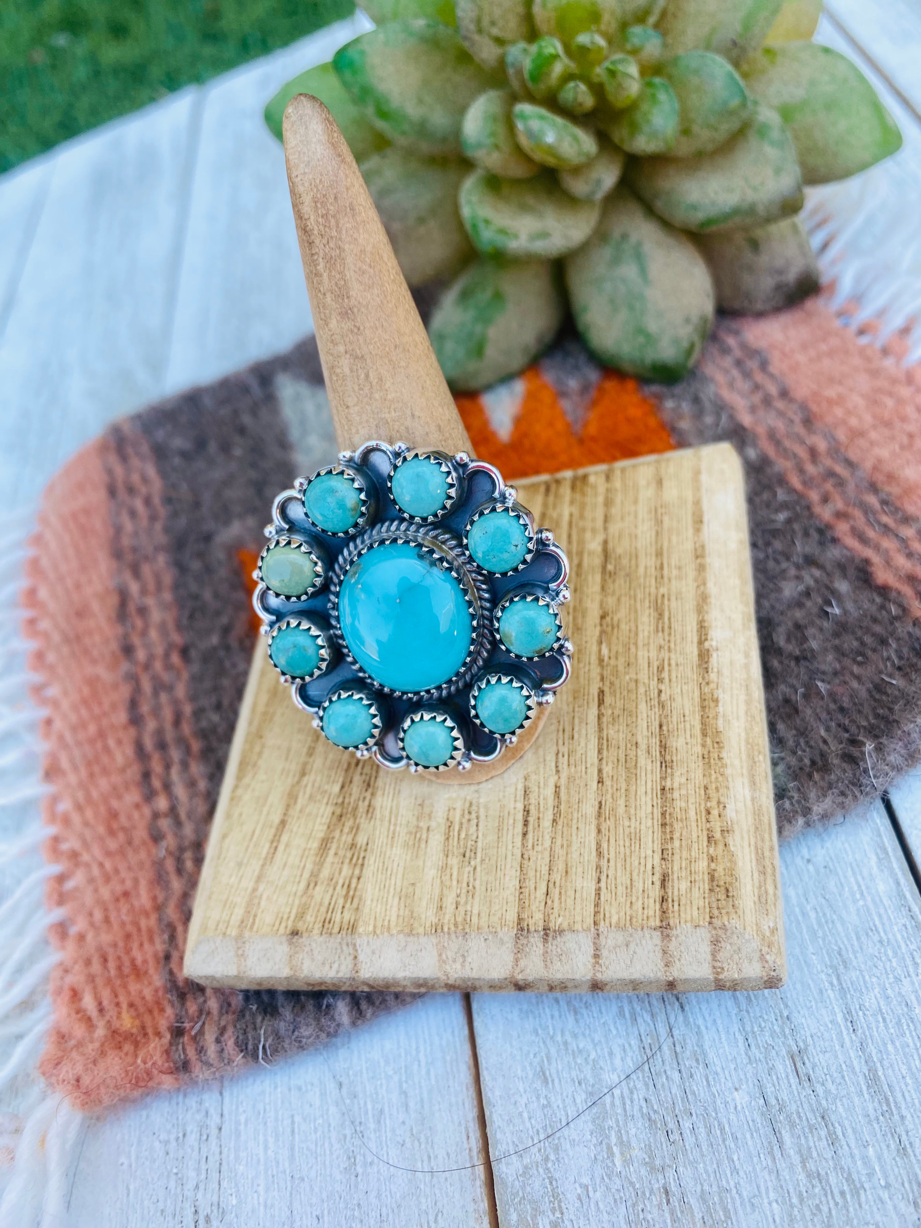 Handmade Sterling Silver & Turquoise Cluster Adjustable Ring