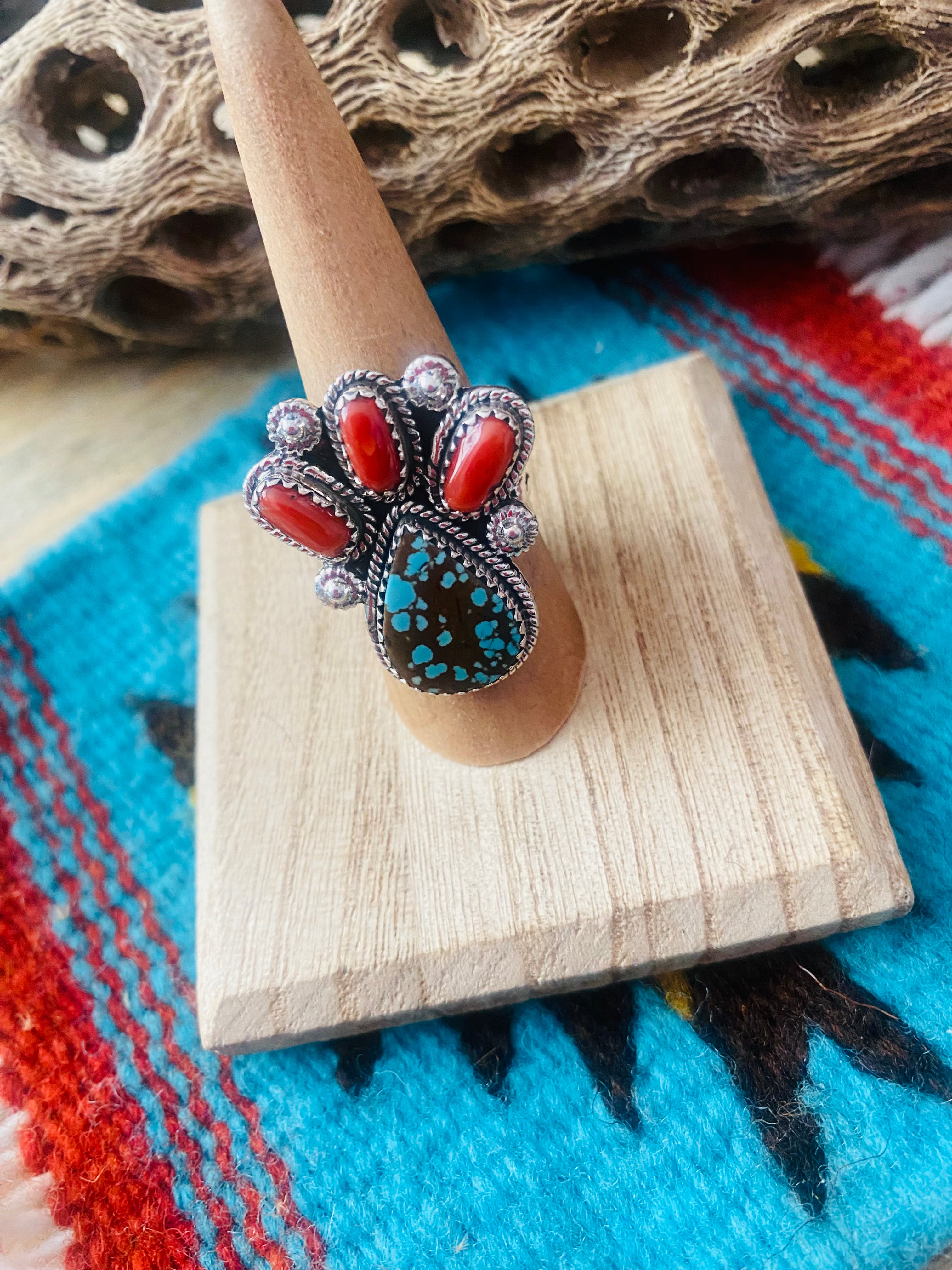 Handmade Sterling Silver, Coral & Number 8 Turquoise Adjustable Ring