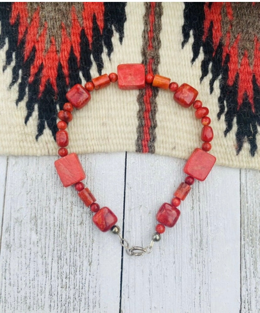Navajo Apple Coral Sterling Silver Beaded Bracelet