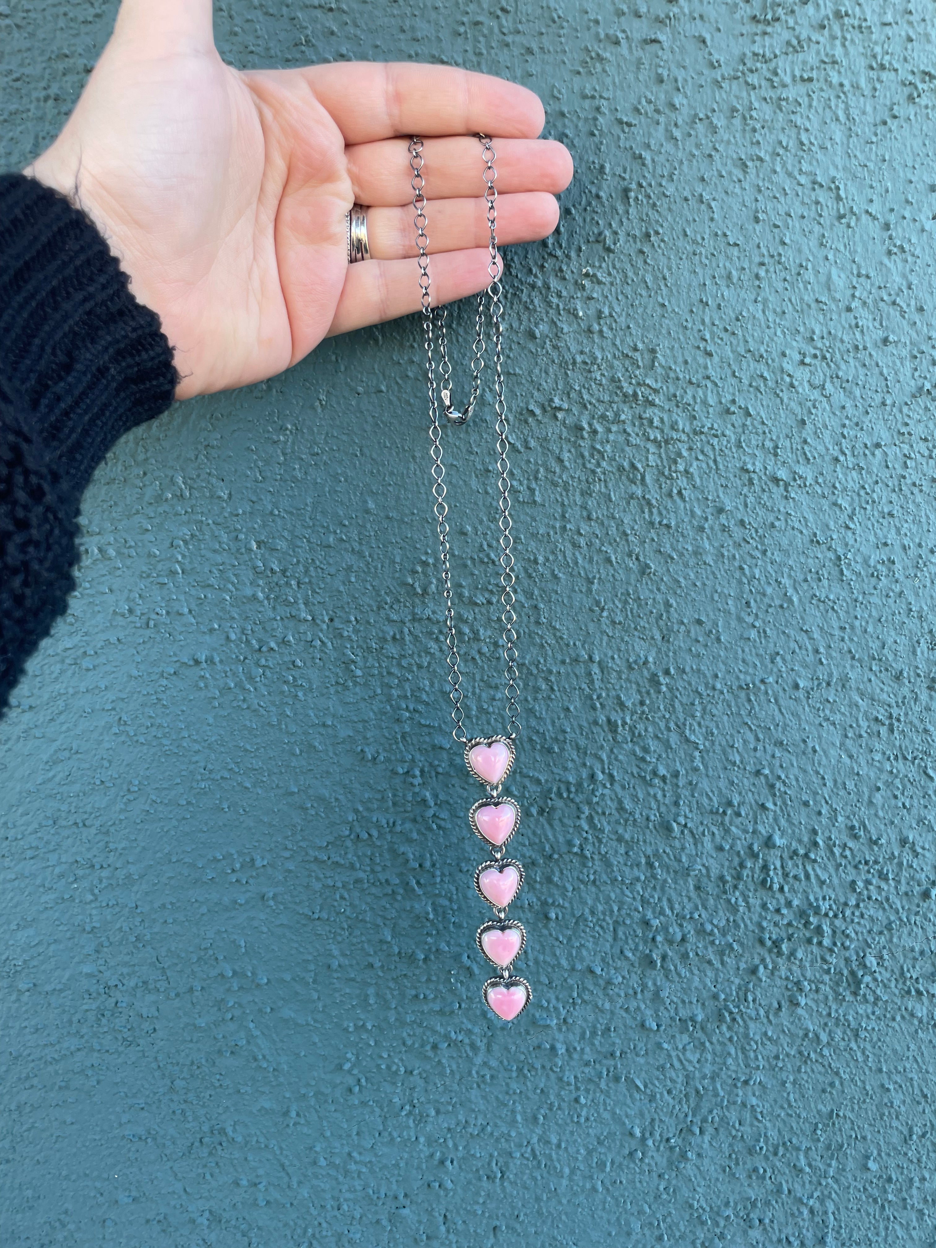 Navajo Queen Pink Conch Shell And Sterling Silver Drop 5 Heart Necklace Signed