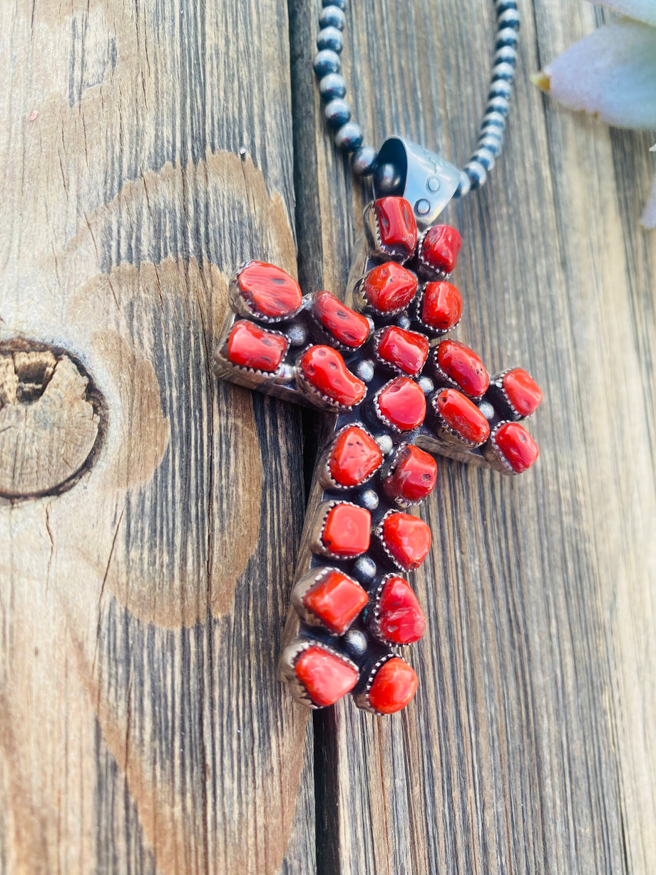 Coral cross necklace deals