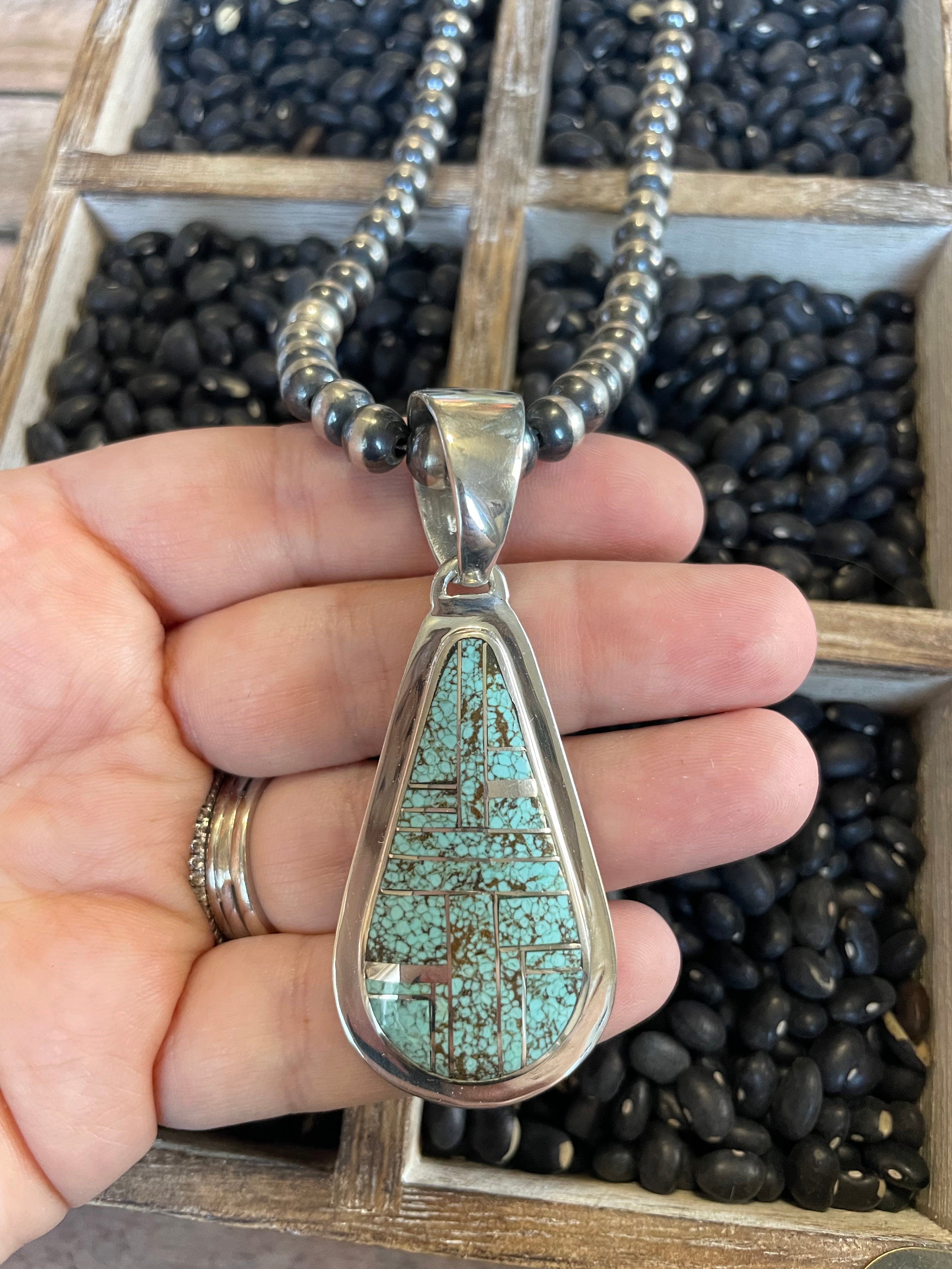 Navajo Number 8 Turquoise Inlay & Sterling Silver Pendant Signed