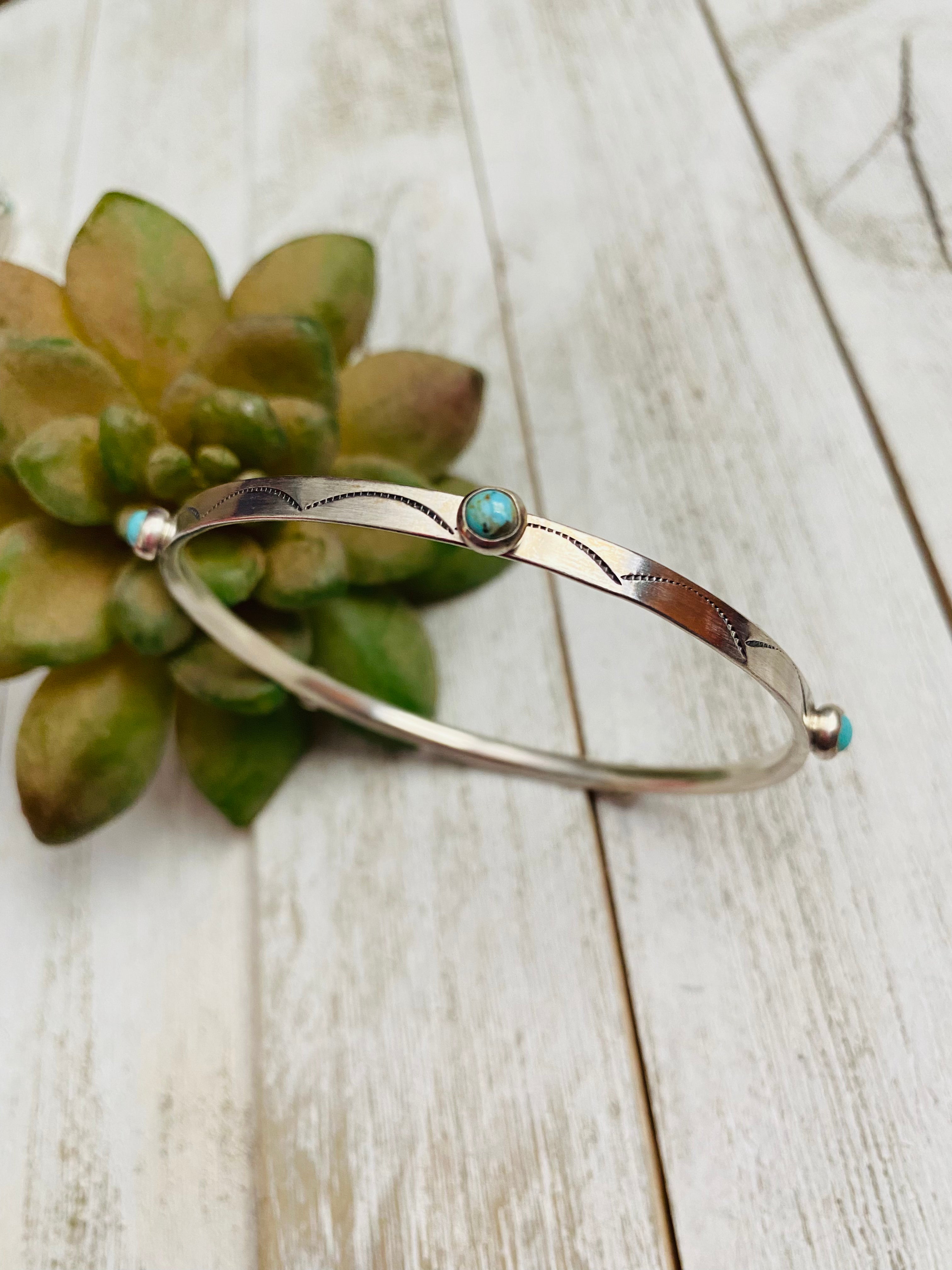 Navajo Hand Stamped Sterling Silver & Turquoise Bangle Bracelet