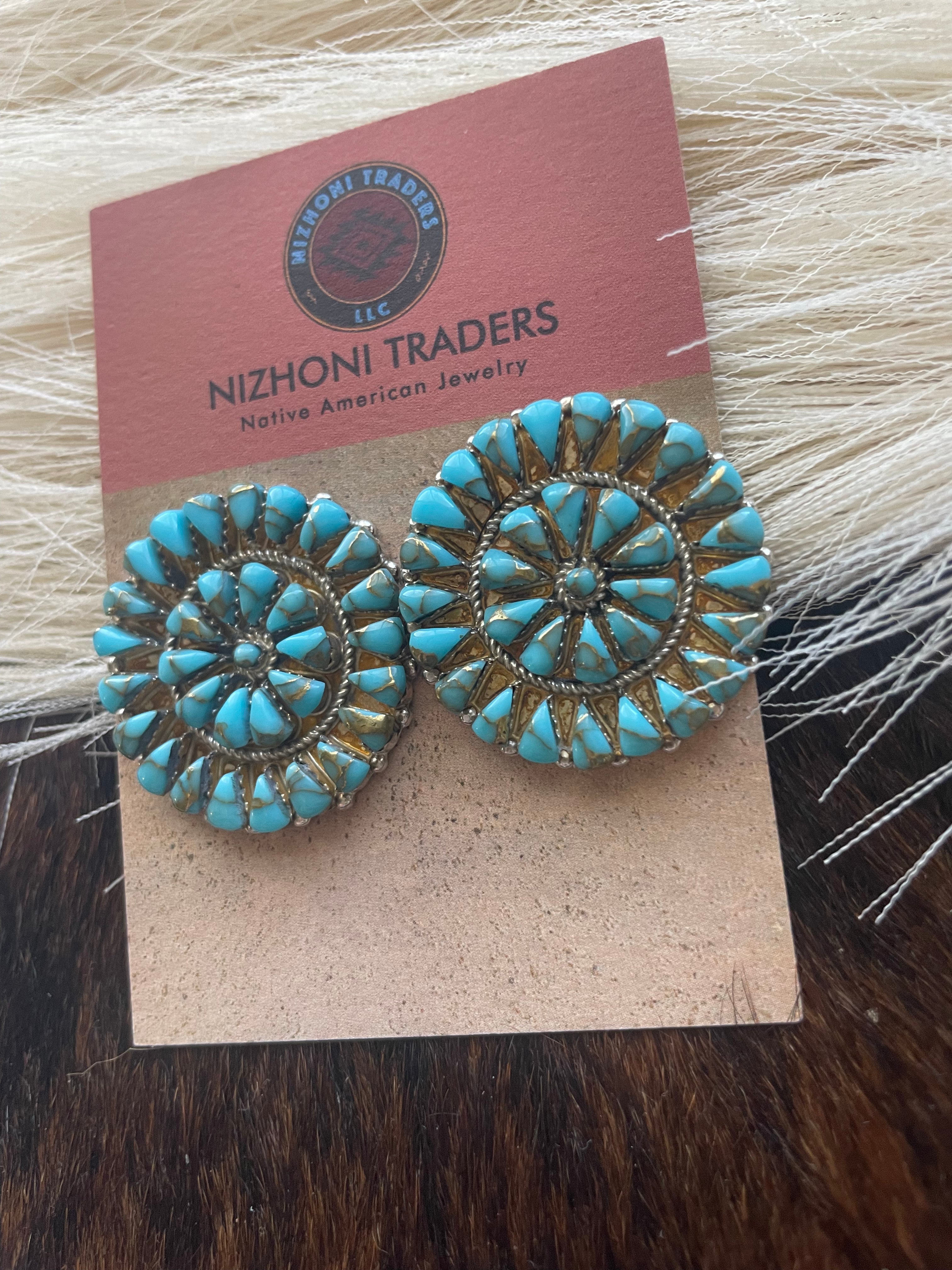 Navajo Sterling Silver And Turquoise Cluster Circle Earrings Signed 1.75”