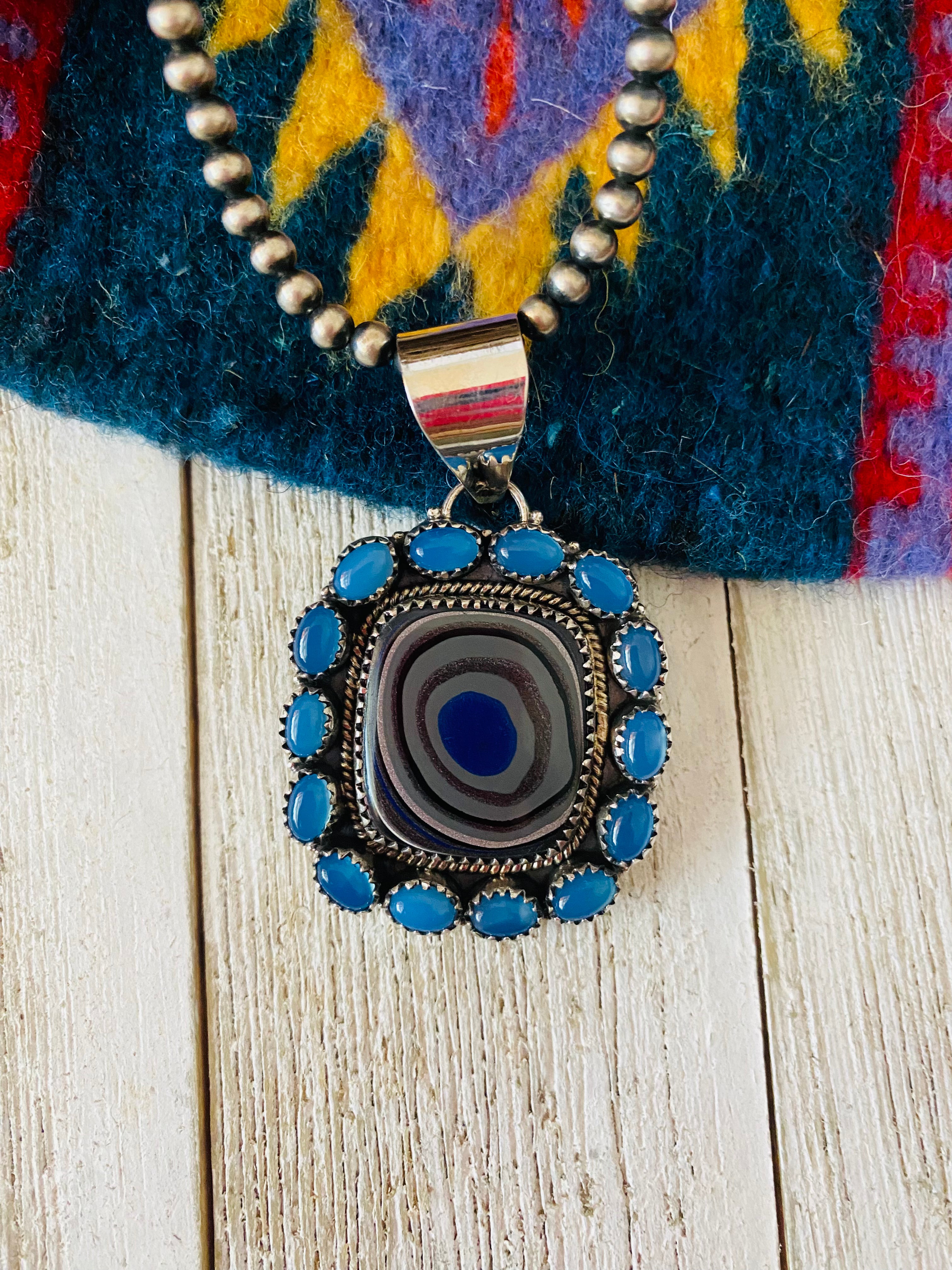 Handmade Sterling Silver, Fordite & Blue Calcedony Cluster Pendant