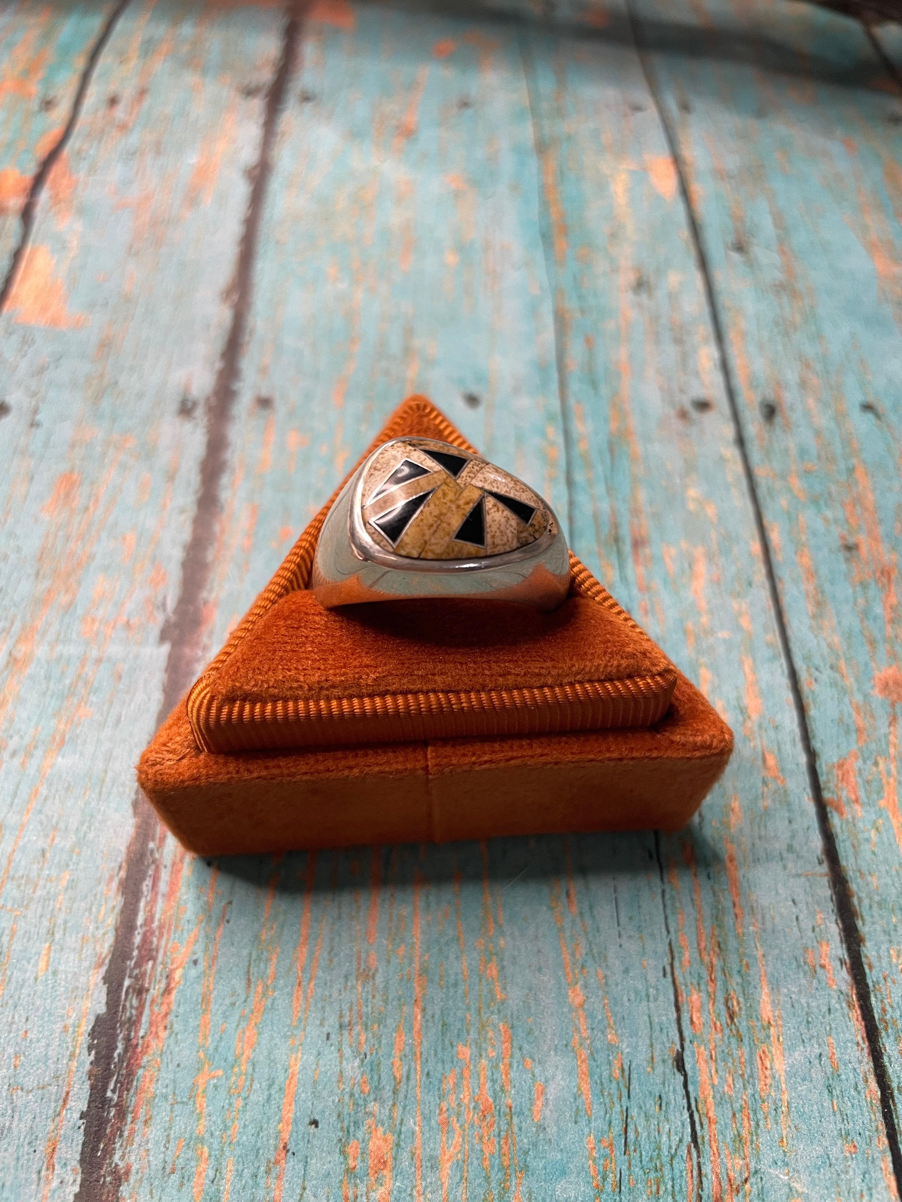 Old Pawn Navajo Sterling Silver, Tiger Eye & Onyx Ring Size 10.5