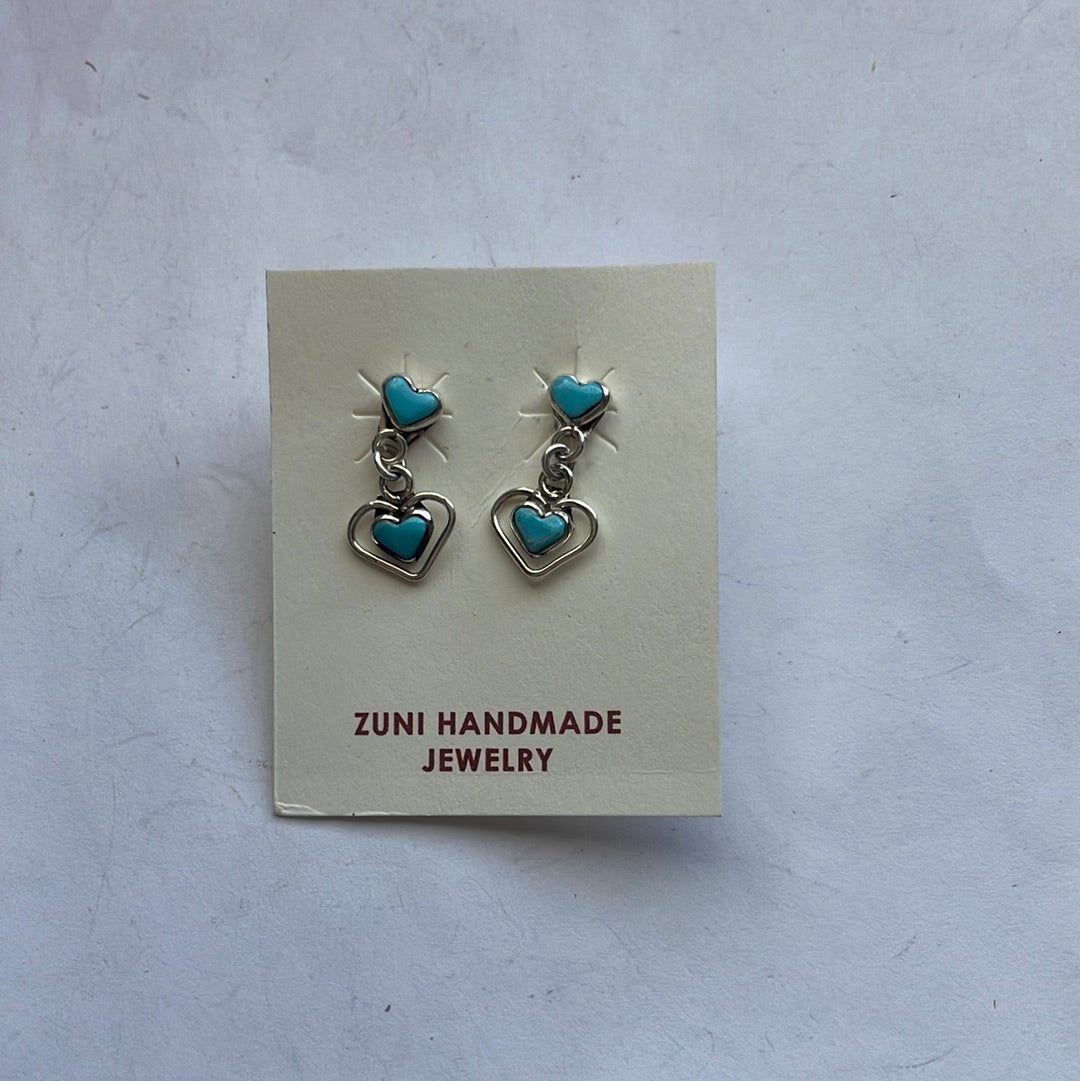 Zuni Sterling Silver & Turquoise Dangle Heart Earrings